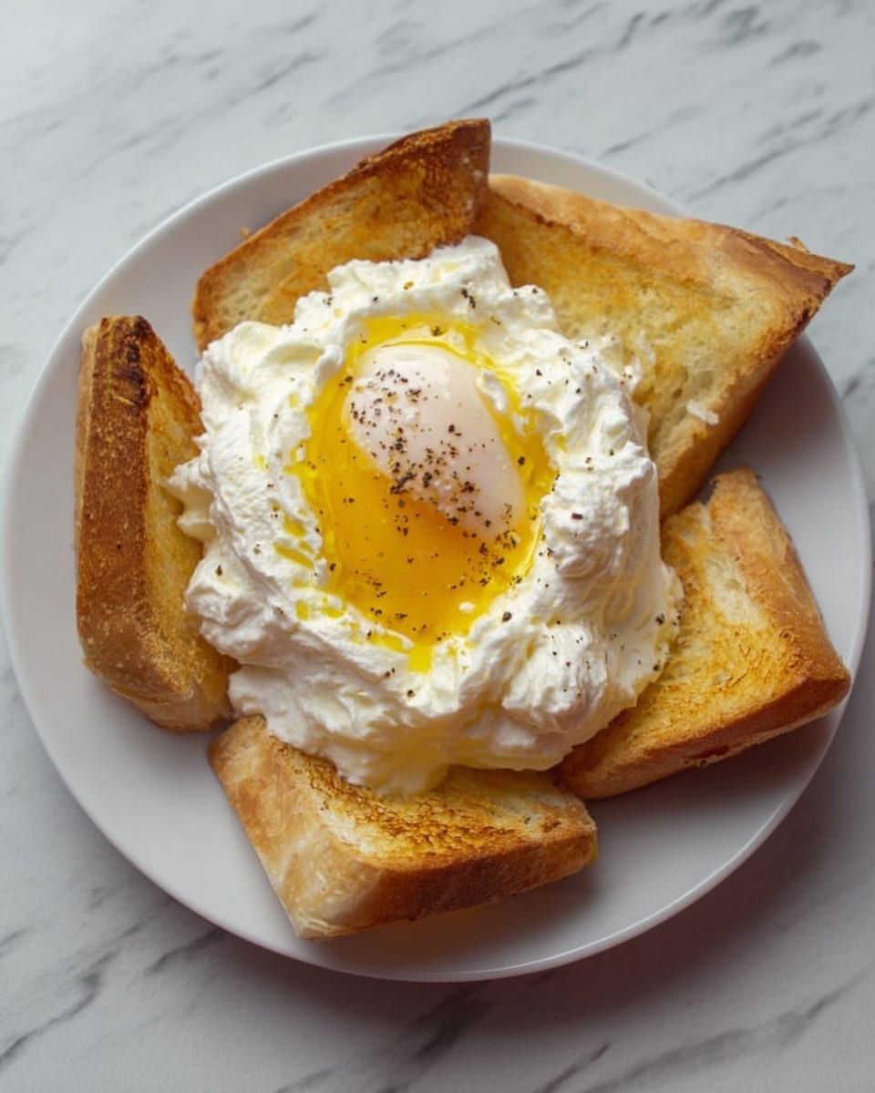 A white round plate on a white marbled surface holds a dish made of five pieces of toasted bread arranged in a circular pattern with the crusts facing outward. In the center of the plate is a thick, fluffy layer of whipped egg whites that looks soft and airy, topped with a slightly runny, pale yellow egg yolk. The yolk is lightly seasoned with small black pepper specks and a little melted butter drizzling down. The toasted bread has a golden brown color with some darker spots from the toasting process. The whole dish looks warm and fresh. photo taken with an iphone --ar 4:5 --v 7