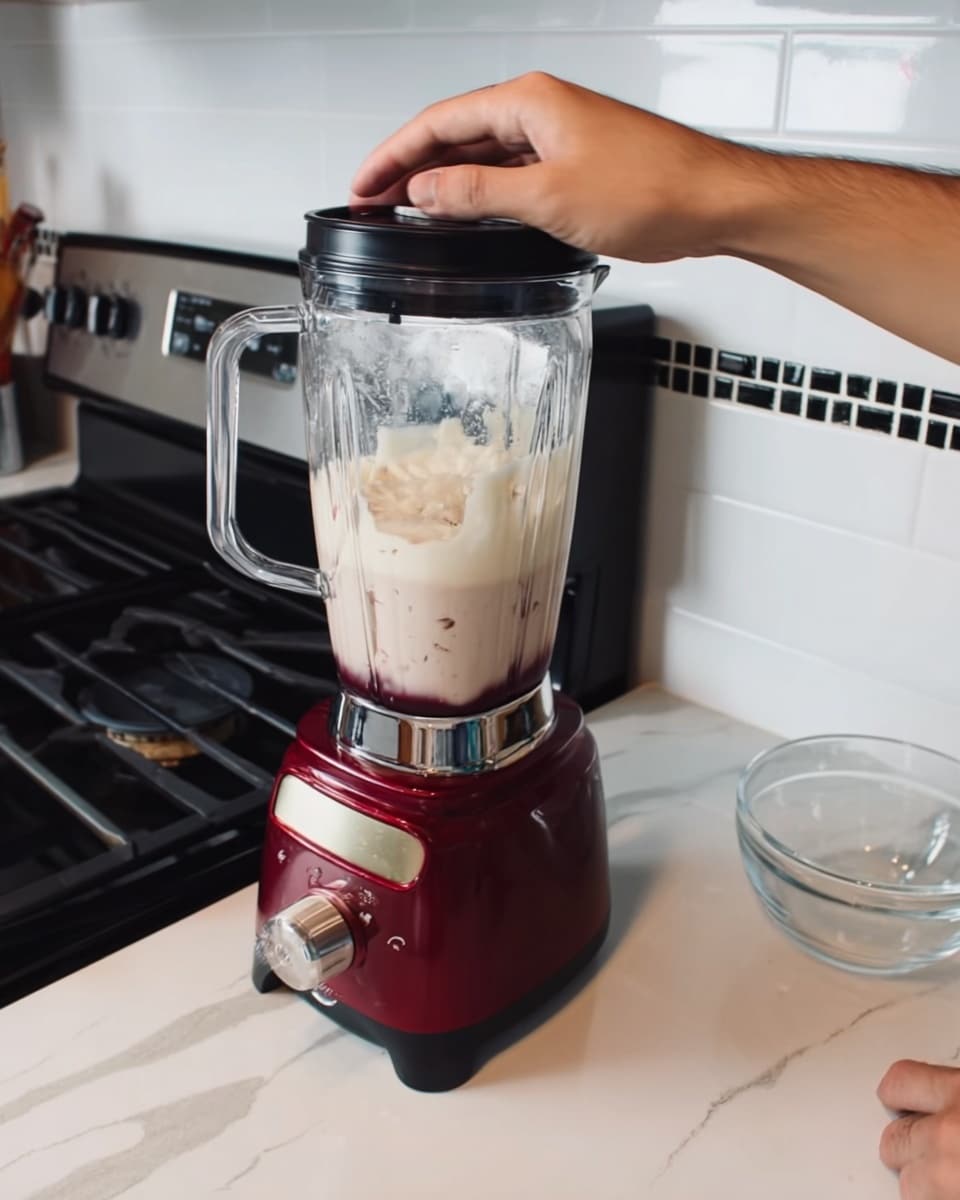 The image shows a blender on a white marble countertop with a white tiled wall in the background. The blender has a dark red base with silver details and a clear container holding a light beige, creamy liquid with ice cubes visible inside. On top of the blender, a woman's hand is pressing down on the black lid. Nearby, to the right of the blender, there is a small, clear ribbed glass bowl sitting on the countertop next to a white stove with black iron grates. The photo taken with an iphone --ar 4:5 --v 7