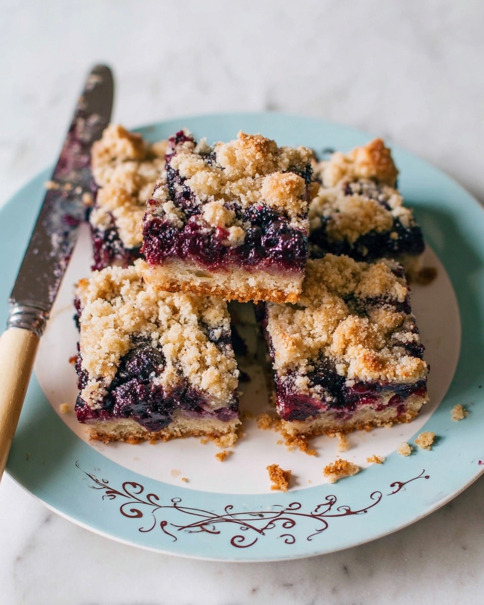 The image shows four square pieces of blueberry crumb cake on a white plate with a delicate blue rim and golden floral design. Each piece has three visible layers: a light golden crumbly top layer with scattered whole blueberries, a dark purple blueberry filling in the middle, and a pale yellow cake base underneath. Crumbs and bits of blueberry filling are scattered on the plate around the cake pieces. A knife with a wooden handle rests on the plate, with some crumbs and blueberry residue on the blade. The plate is placed on a white marbled surface. Photo taken with an iphone --ar 4:5 --v 7