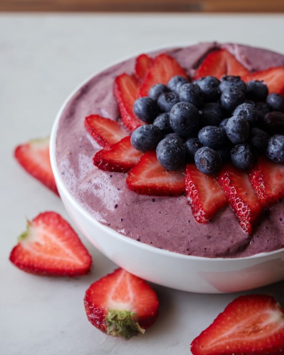 A white bowl is filled with a thick, creamy purple smoothie that slightly overflows the edges. On top of the smoothie, there are several bright red sliced strawberries arranged in a circular pattern, and a small pile of plump, dark blue blueberries sits in the center. Around the bowl on a white marbled surface, more sliced strawberries are scattered randomly. The background is softly blurred, focusing attention on the bowl and fruit. photo taken with an iphone --ar 4:5 --v 7