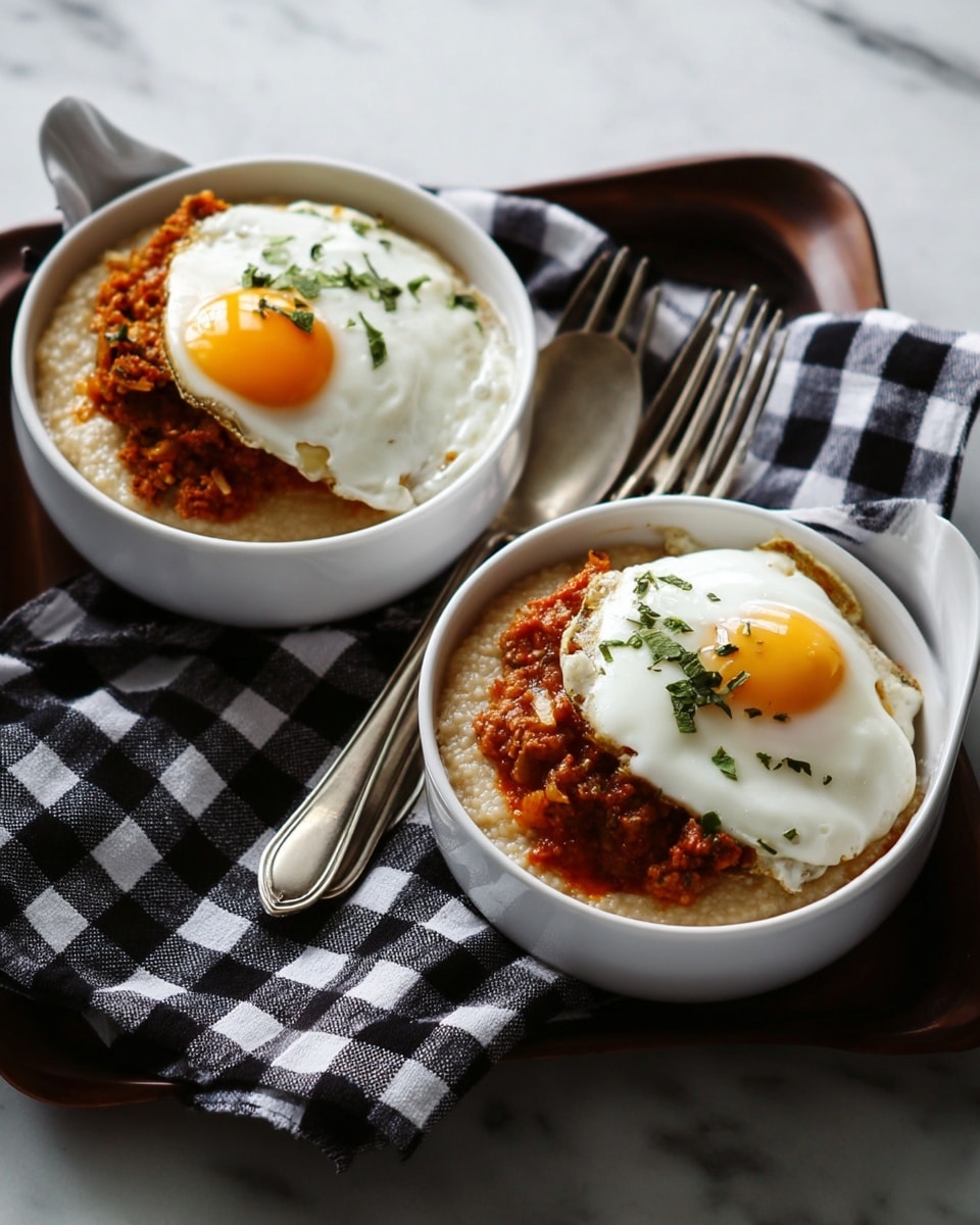 Two white bowls sit side by side on a metal tray with a white marbled checkered cloth beneath them. Each bowl contains three visible layers: the bottom layer is light beige porridge or grits with a soft and creamy texture, the middle layer is a reddish-brown chunky sauce or meat mixture, and the top layer is a sunny-side-up egg with a slightly runny yolk and white edges, sprinkled with chopped green herbs and black pepper. Two vintage silver forks rest on opposite sides of the tray. The scene is set against a white marbled background. photo taken with an iphone --ar 4:5 --v 7