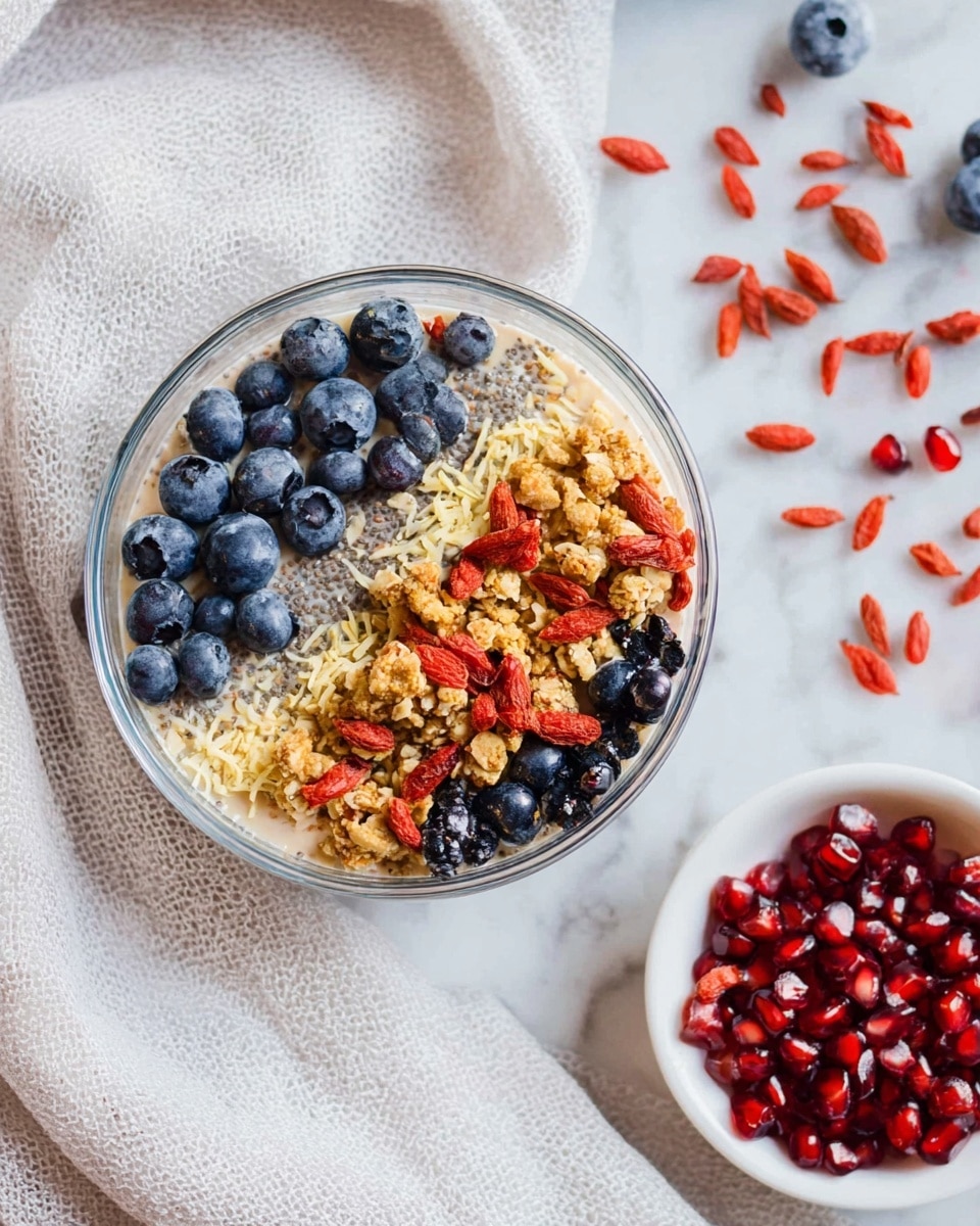 A clear glass bowl has three main layers inside: the bottom layer is a creamy light beige mixture with visible chia seeds, the middle layer is shredded white coconut spread evenly, and the top layer is divided into two parts—one half has light brown crumbled granola, and the other half is filled with dark blue fresh blueberries. Bright red goji berries and scattered pomegranate seeds are sprinkled over the top, adding pops of color. Around the bowl on a white marbled textured surface are scattered blueberries, goji berries, and a small white bowl filled with shiny red pomegranate seeds. Photo taken with an iphone --ar 4:5 --v 7