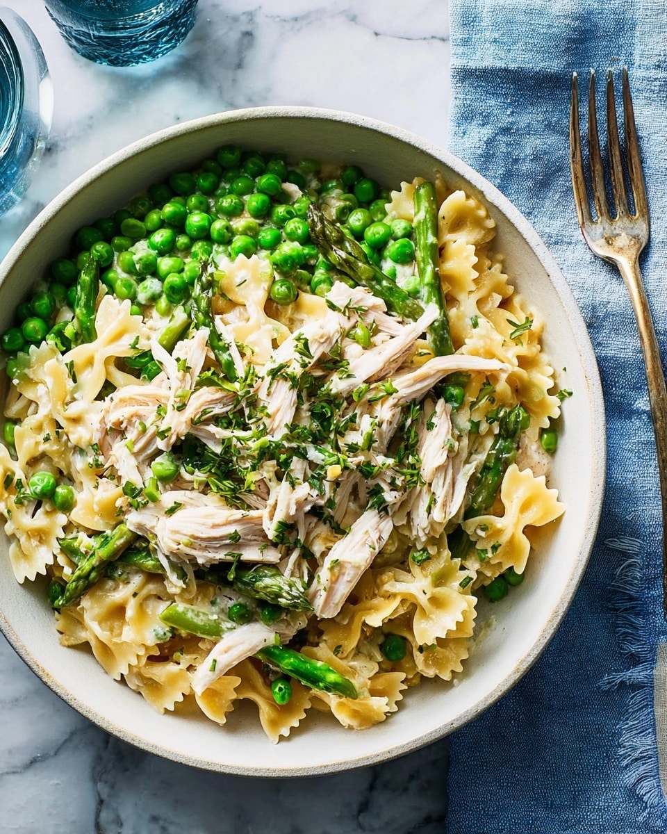 A white bowl filled with three layers of food is shown. The bottom layer is light golden orzo pasta with a smooth texture, covering the whole bowl base. Above this is a mix of bright green peas and whole asparagus pieces, which add a fresh look with their round and elongated shapes. The top layer has shredded white chicken pieces scattered evenly, blending with finely chopped dark green chives sprinkled on top, adding texture and color contrast. The bowl is placed on a white marbled surface with a silver fork and a light blue cloth napkin visible to the side. Photo taken with an iphone --ar 4:5 --v 7