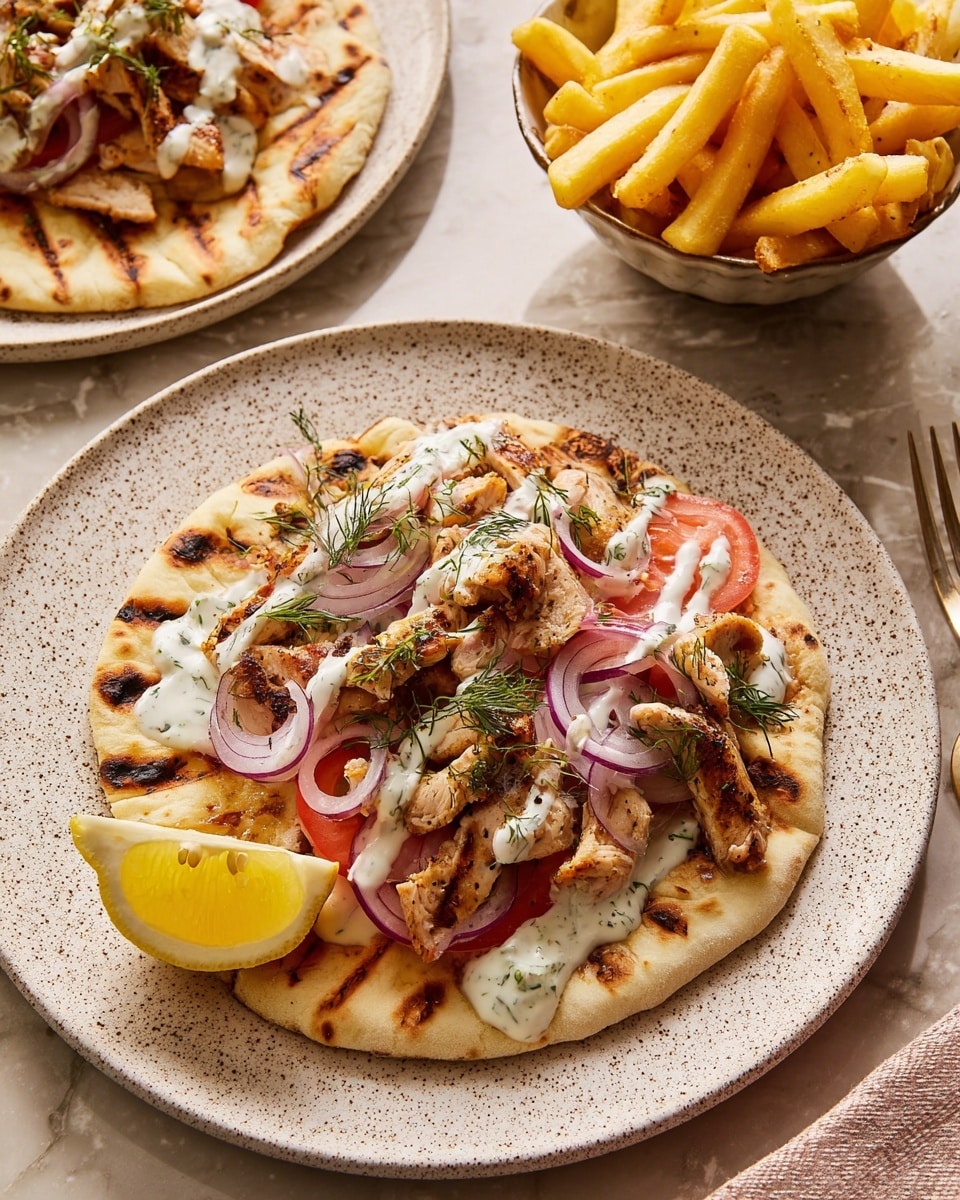 The image shows a white speckled plate with a flatbread base that is lightly charred and golden brown. On top of the flatbread, there is a layer of sliced tomatoes and thinly sliced red onions mixed with light green shredded cabbage. The next layer shows generous chunks of grilled chicken, browned and juicy, scattered across. White creamy sauce is drizzled over the chicken, garnished with fresh green dill sprigs. A lemon wedge is placed on the side of the plate. The plate sits on a white marbled surface. Nearby, there is another plate with a similar chicken dish and a small white speckled bowl with thick-cut golden fries beside it. Photo taken with an iphone --ar 4:5 --v 7