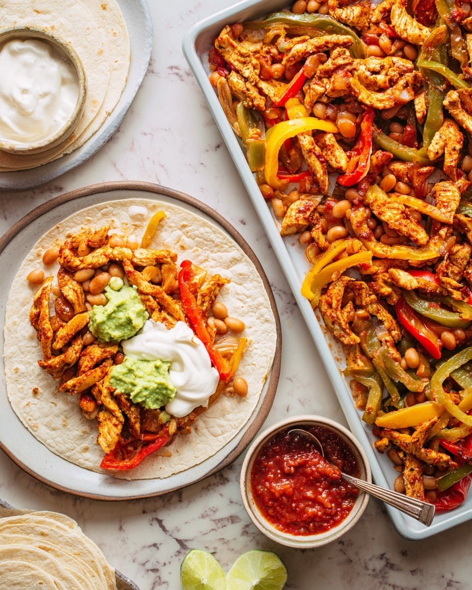 This image shows a tray full of cooked chicken strips mixed with sliced red, yellow, and green bell peppers, red onion wedges, and white beans. The cooked chicken and vegetables are a warm mix of orange, yellow, green, purple, and white colors spread across the silver tray. To the top right, there is a white plate with a tortilla topped with a layer of white beans and vegetables, dollops of green guacamole, red salsa, and some white sour cream. Above the tray, there's a small bowl filled with chunky red salsa and a spoon inside. On the right side, near the plate, there is a small white bowl filled with smooth white sour cream, and next to it is a stack of soft white tortillas. All of this is set on a white marbled surface. photo taken with an iphone --ar 4:5 --v 7
