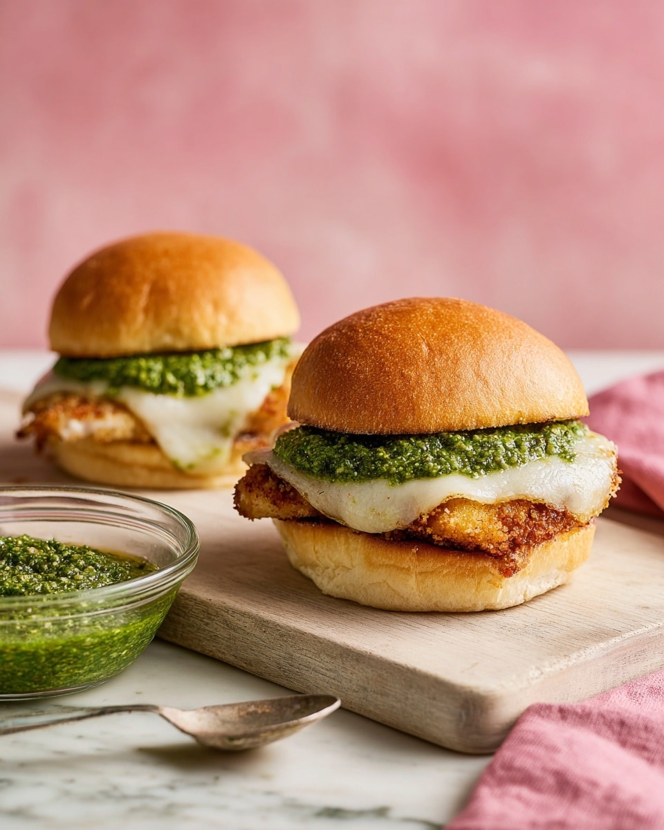 Two sandwiches sit on a light brown wooden board over a white marbled texture, each with three visible layers: a shiny golden-brown soft top bun, a middle layer of bright green chunky pesto sauce spread unevenly on top of melted white cheese, and a bottom layer of golden, crispy fried chicken fillet resting on a soft, fluffy golden-brown bottom bun. To the left of the board is a small clear glass bowl filled with bright green pesto sauce with a silver spoon inside. The background is a soft pink with a pink cloth nearby. Photo taken with an iphone --ar 4:5 --v 7