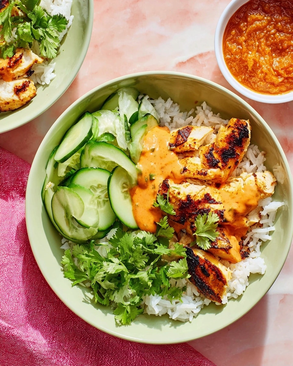 A white bowl filled with three main layers: at the bottom, a bed of white rice with a slightly sticky texture; on top, grilled chicken pieces with a charred yellow-brown exterior, drizzled with an orange creamy sauce; and on the side, thinly sliced fresh green cucumber arranged in a neat pile. A few sprigs of fresh green cilantro sit on the chicken, adding a pop of color. Next to the bowl is a small white bowl containing a thick reddish-orange sauce. Everything is placed on a white marbled surface with a soft pink cloth nearby. Photo taken with an iphone --ar 4:5 --v 7