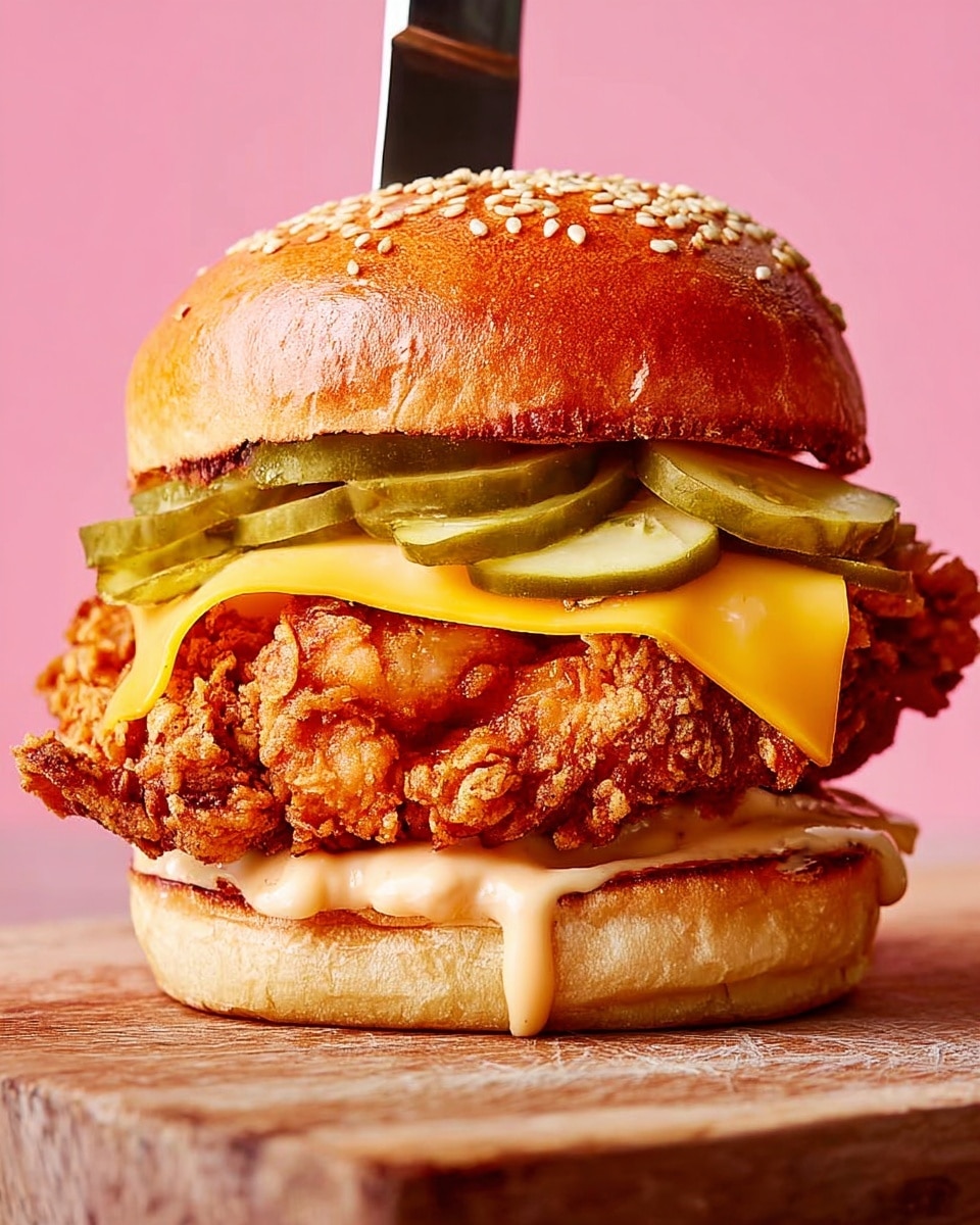 A close-up view of a sandwich with four main layers on a white sesame seed bun. The bottom layer is a toasted bun with a light golden-brown color and spread with creamy orange sauce. On top of that is a large piece of crispy fried chicken with a crunchy, rough texture in a golden orange shade. Next, a slice of yellow cheese is folded and placed above the chicken. Above the cheese, there are several thick slices of green pickles, glossy and slightly curved. The top sesame bun has a glossy, golden-brown look with sesame seeds. A knife with a red handle is stabbed vertically through the sandwich. The sandwich is on a wooden board with a white marbled background. Photo taken with an iphone --ar 4:5 --v 7