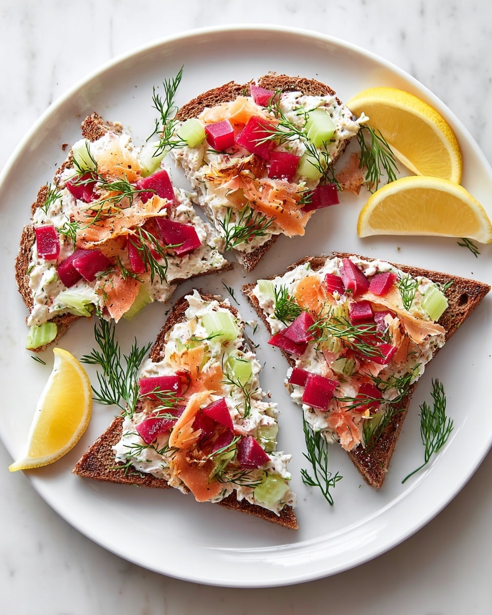 The image shows three triangular pieces of dark brown toasted bread arranged on a white plate with a white marbled background. Each piece is topped with a creamy white spread mixed with light green bits, baby red tomato slices, small bright red cubes, and light beige fish flakes, garnished with fresh green dill sprigs. Two lemon wedges with a pale yellow color rest at the top edges of the plate. Some small crumbs and scattered dill leaves are visible around the plate edges. Photo taken with an iphone --ar 4:5 --v 7