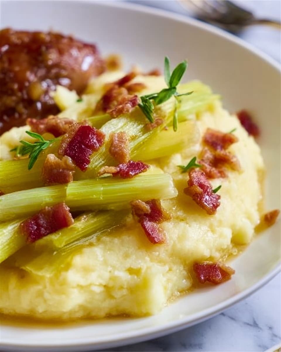 The close-up image shows a white plate with creamy mashed potatoes as the base layer, smooth and pale yellow in color. On top of the mashed potatoes are pale green cooked celery stalks and small crispy bacon pieces scattered around, adding texture and dark red-brown color spots. A brown sauce is drizzled lightly over the mashed potatoes and bacon. The top right corner shows a piece of browned cooked meat with a slightly crispy outside. There are a few fresh green herb leaves placed near the edge of the mashed potato layer. The surface is a white marbled texture, and the photo has soft natural light. Photo taken with an iphone --ar 4:5 --v 7