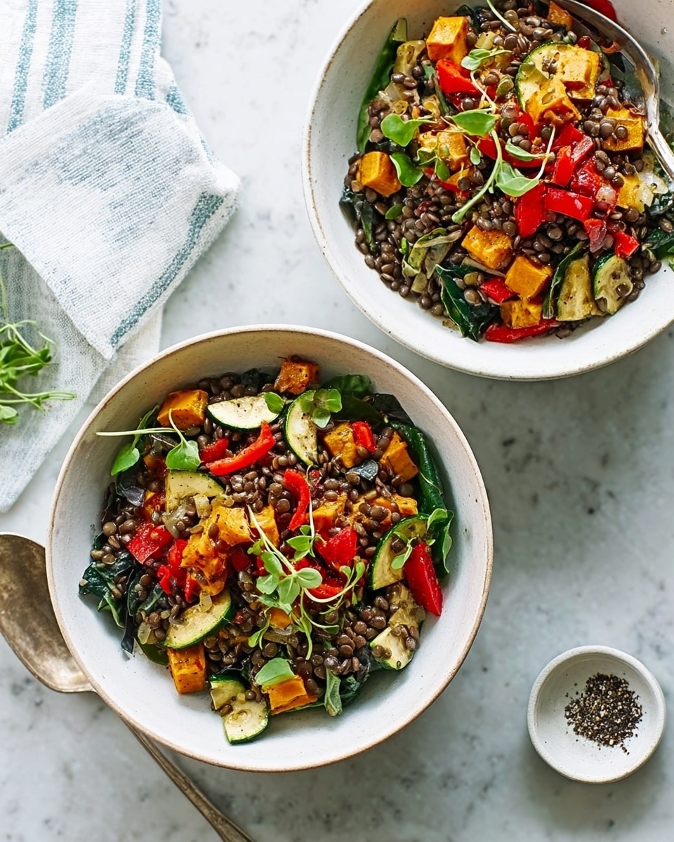 Two white bowls filled with a colorful roasted vegetable salad sit on a white marbled surface. Each bowl has a mix of layered ingredients: at the bottom, diced roasted sweet potatoes and zucchini with an orange and green texture. On top, roasted red bell peppers add bright red strips, mixed with chopped purple onions and black lentils, creating small dark spots. The salad is finished with fresh green watercress leaves scattered across the top, adding a vibrant touch. A silver fork rests beside the bottom bowl, and a small white bowl filled with black pepper is placed near the bowls. A light gray and white striped cloth is partly visible in the top left corner. photo taken with an iphone --ar 4:5 --v 7