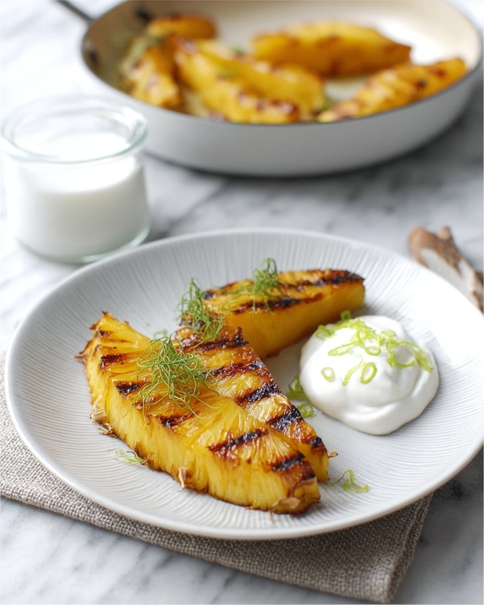 The image shows two golden-brown grilled pineapple wedges placed side by side on a white plate with a small dollop of creamy white sauce next to them, garnished with small green herb leaves on top of the pineapple and sauce. Behind the plate, there is a metal pan with more grilled pineapple wedges, resting on a folded beige cloth, and a white bowl filled with white sauce sprinkled with a hint of brown spice. The scene is set on a white marbled surface with soft natural light, creating a clean and fresh look. photo taken with an iphone --ar 4:5 --v 7