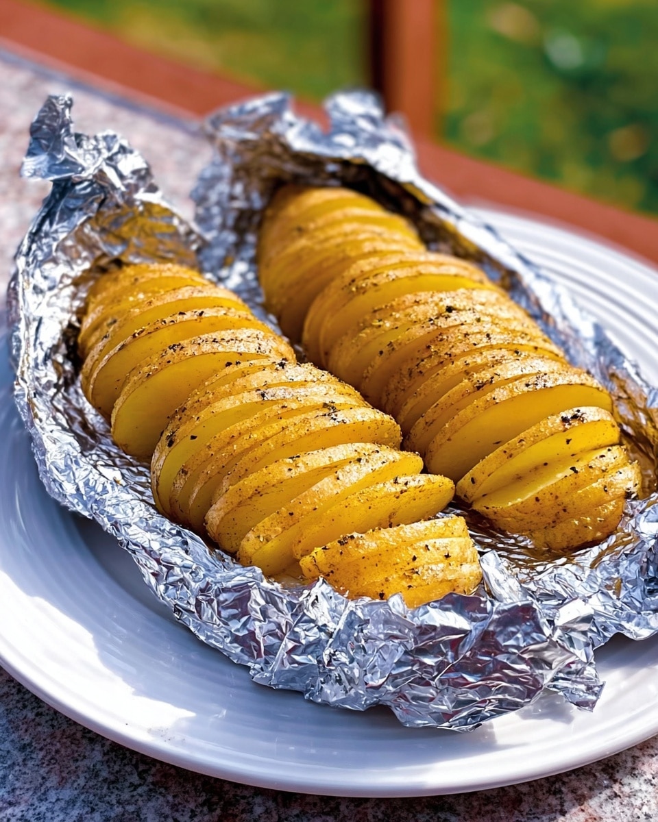 The image shows two baked potatoes, each sliced thinly in a spiral shape but still whole, resting inside crinkled foil. The potatoes are golden-yellow with a slightly crispy texture and small visible seasonings. They are placed side by side on a white plate, with the plate on a white marbled surface. The foil is partly open, revealing the warm and soft inside of the potatoes. Photo taken with an iphone --ar 4:5 --v 7