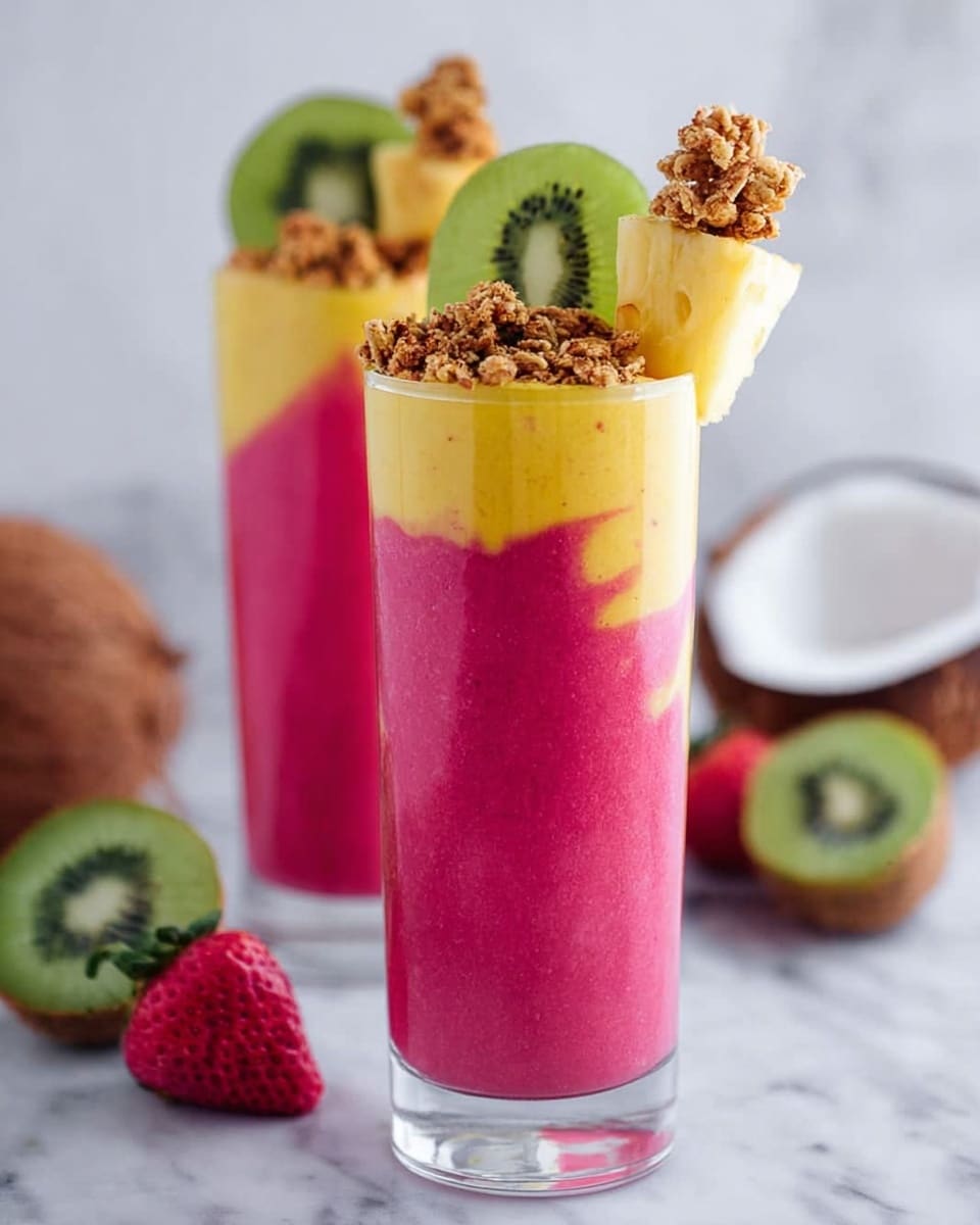 The image shows a tall glass with two visible layers, the bottom layer is thick and bright pink, the top layer is creamy yellow with pink streaks swirling into it. On top, there is a small pile of granola, a slice of green kiwi placed on the rim, and a skewer with pieces of yellow pineapple standing vertically. The glass is set on a white marbled surface with a halved kiwi, a whole kiwi, a strawberry, and a half coconut in the background. Another similar glass is blurred behind the main one. Photo taken with an iphone --ar 4:5 --v 7