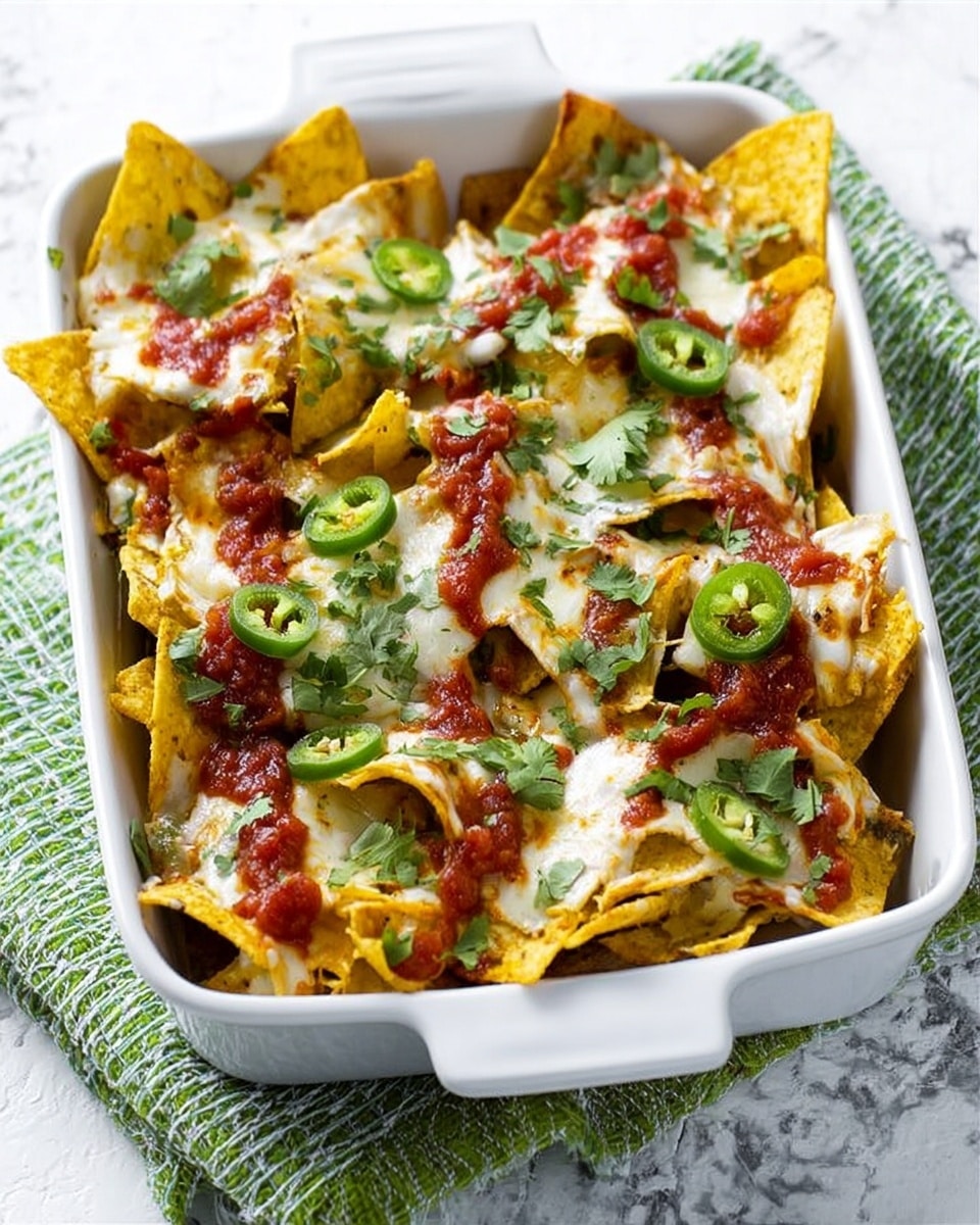 A white rectangular dish filled with one layer of crispy yellow corn tortilla chips topped unevenly with melted white cheese that looks gooey and soft. On top of the cheese, there are dollops of chunky red salsa that add a bright contrast, along with slices of green jalapeño scattered across. Fresh green cilantro leaves are spread on the top, adding freshness. The dish is set on a green and white textured cloth over a white marbled surface. photo taken with an iphone --ar 4:5 --v 7