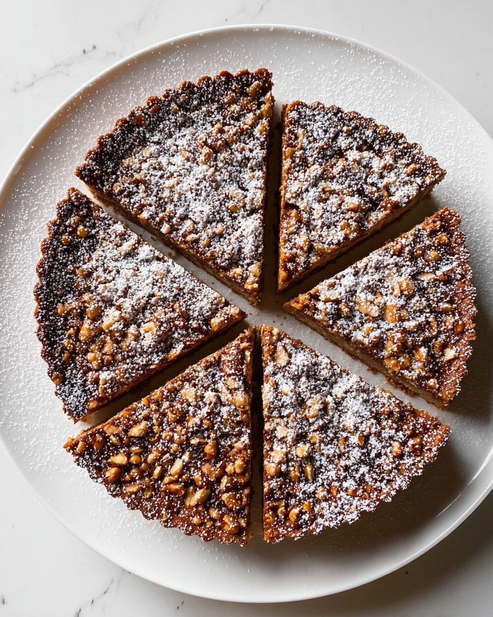 A round pie is shown from above, divided into seven slices with one slice slightly separated from the rest. The top layer is brown with a crunchy texture, studded with pine nuts, and lightly dusted with powdered sugar. The pie's edges reveal a pale golden crust slightly thinner than the pie's filling. It sits on a white plate, placed on a white marbled surface. photo taken with an iphone --ar 4:5 --v 7