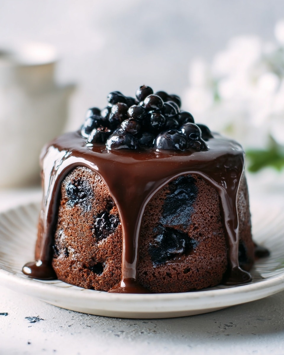 The image shows a small, round chocolate cake with a rough texture, dotted with dark spots that look like blueberries inside the cake. On top, there is a thick layer of glossy, dark chocolate sauce that drips down the sides unevenly. Sitting on top of the chocolate sauce is a cluster of shiny, dark blueberries. The cake is placed on a white plate with a subtle pattern, set on a white marbled surface. The background is softly blurred with hints of white and light gray. Photo taken with an iphone --ar 4:5 --v 7