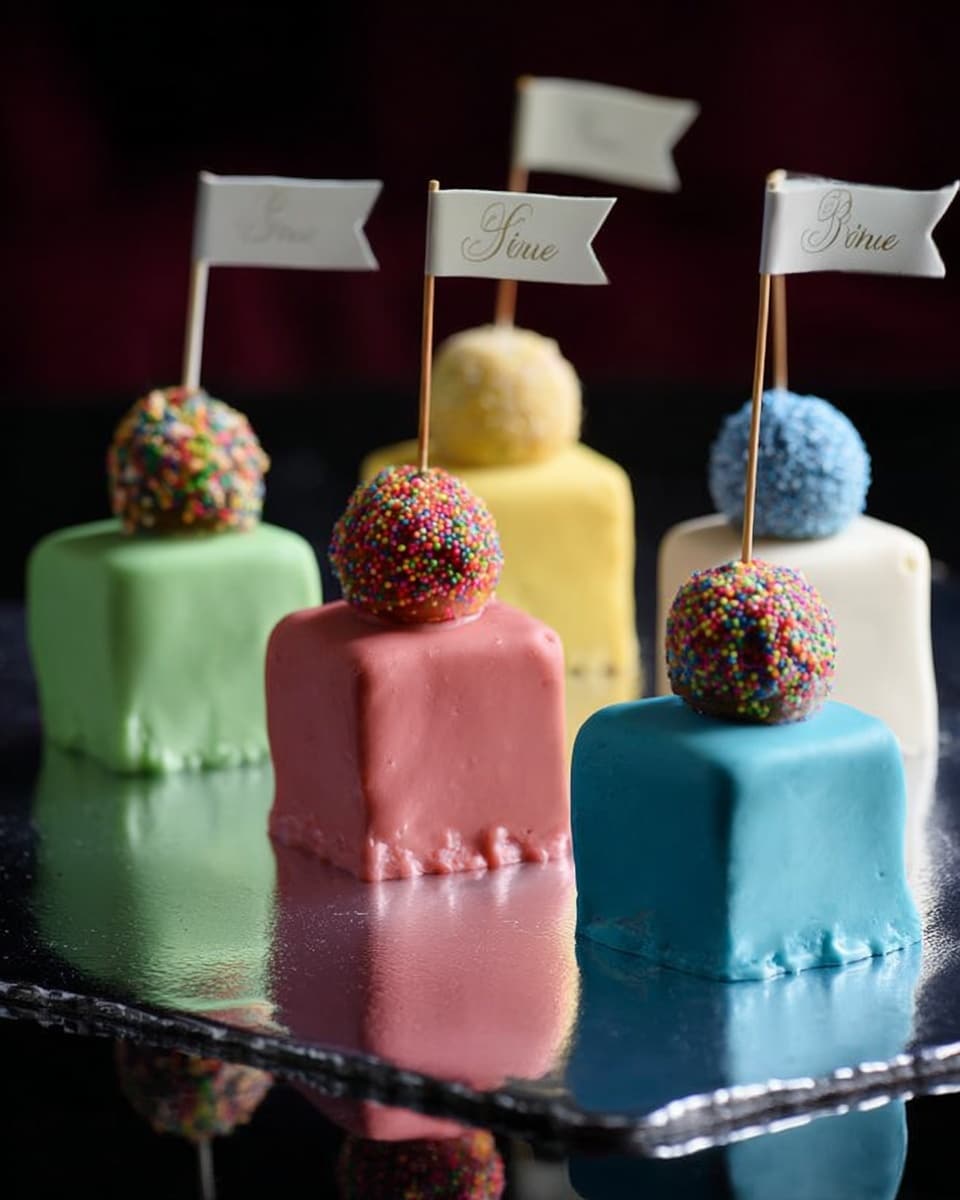 Six small square cakes are lined up in two rows on a shiny surface with a white marbled texture underneath. Each cake is covered smoothly in a different pastel color icing: pink, blue, white, yellow, green, and red. On top of each cake sits a round truffle ball with matching but textured icing or sprinkles—green, multicolored, red, blue, yellow, and light pink. Each truffle holds a small colored card on a stick with a handwritten name. The background is dark, making the soft colors of the cakes stand out clearly. Photo taken with an iphone --ar 4:5 --v 7