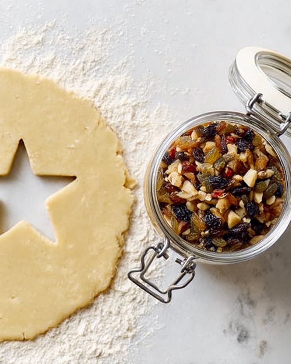 The image shows a round glass jar filled with a mix of granola ingredients like nuts, seeds, and dried fruits, seen from above. To the left of the jar, there is rolled-out dough on a white marbled surface, with a star shape cut out from it, revealing the background. The dough is light beige, smooth, and slightly dusted with flour near the edges. The jar has a metal clasp and is tilted so the contents are clearly visible with varied colors like brown, black, and tan. photo taken with an iphone --ar 4:5 --v 7