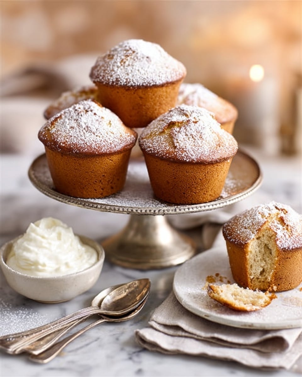 A round silver cake stand holds four small muffins with golden-brown tops dusted lightly with powdered sugar. One muffin is placed higher, leaning on the others, showing a soft texture. Next to the muffins on the stand is a silver bowl with white whipped cream, smooth and fluffy. In front, on a white marble surface with a soft mauve cloth underneath the stand, there is a broken muffin revealing a moist and crumbly inside. Several silver spoons rest nearby, and in the background, there is a white plate with additional muffins slightly out of focus. The scene is warm and inviting with soft lighting. photo taken with an iphone --ar 4:5 --v 7