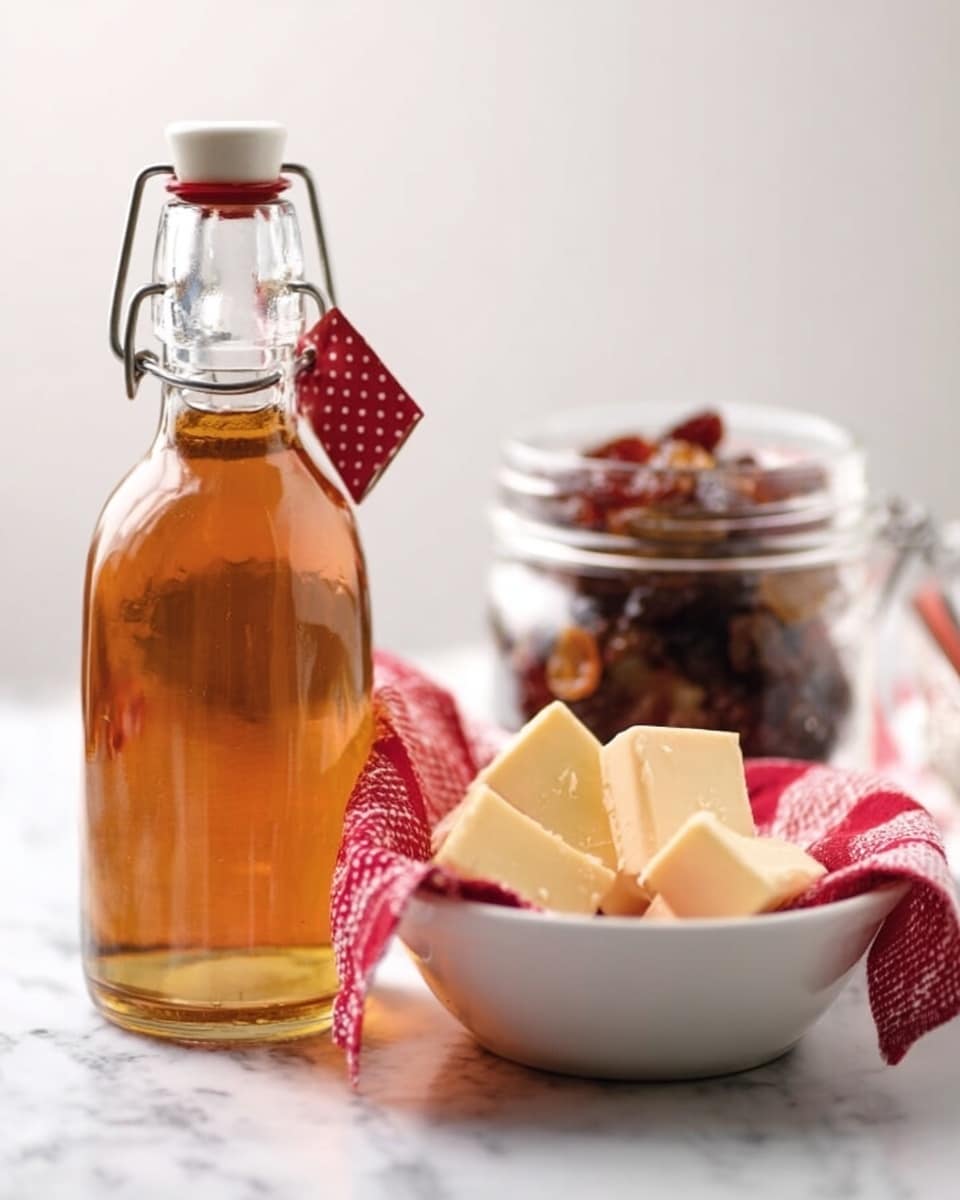The image shows a glass bottle filled with a light brown liquid, sealed with a ceramic stopper and metal clasp, and has a red tag hanging from its neck. To the left of the bottle, there is a white bowl filled with small pieces of mixed dried fruit in red, brown, and orange colors. On the right, some yellowish pieces of butter with a smooth texture are on a white plate lined with a white cloth that has red polka dots. The whole setting is on a white marbled surface with soft lighting. photo taken with an iphone --ar 4:5 --v 7