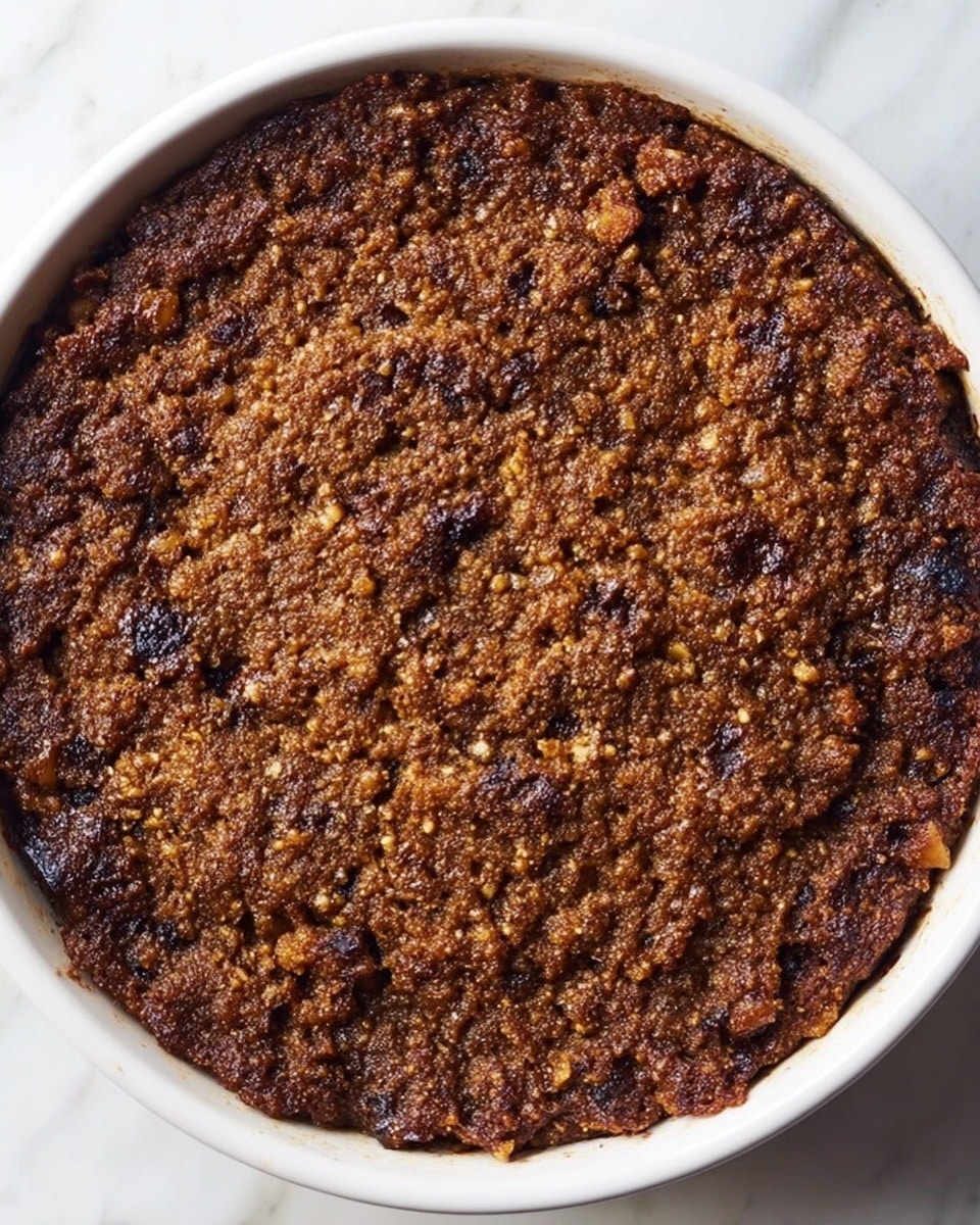 A close-up view of a single-layer round baked dish in a white bowl, filled with a textured brown mixture that has a slightly rough surface with bits of darker chunks or raisins scattered throughout. The texture looks soft but dense, with visible small air pockets and an uneven surface. The bowl rests on a white marbled background. Photo taken with an iphone --ar 4:5 --v 7