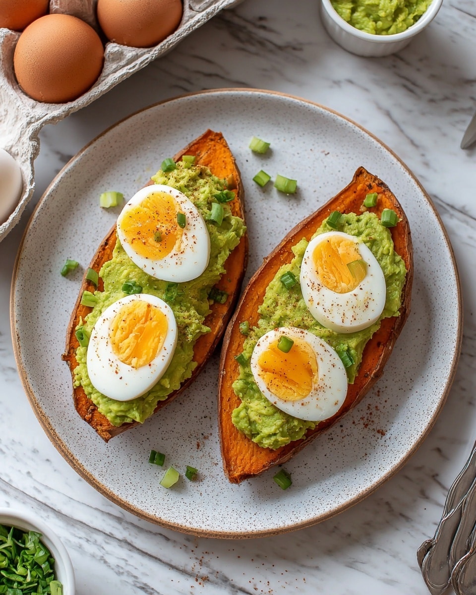 Two roasted sweet potato halves with deep orange soft centers and slightly crisped brown edges sit on a white plate with speckled brown spots. Each half is topped with a thick layer of bright green mashed avocado spread evenly across the surface. On top of the avocado, there are two slices of boiled egg with firm white edges and yellow yolks, garnished with small pieces of fresh green herbs and a light dusting of spice. The plate rests on a white marbled surface with scattered peppercorns and green herb leaves around it. Nearby, a white bowl with more green avocado mash and a carton of cage-free brown eggs are partially visible. Photo taken with an iphone --ar 4:5 --v 7