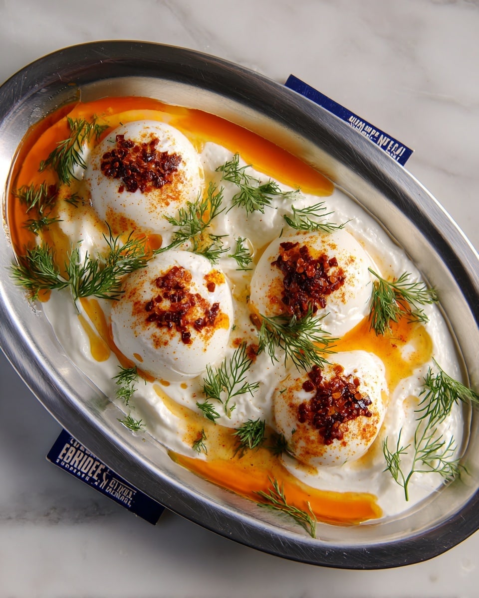 The dish is served on a shiny oval silver plate placed on a white marbled surface. It consists of a base layer of thick, creamy white yogurt spread evenly across the plate. On top, there are four poached eggs, each smooth and white with a soft texture, arranged in a loose square pattern. Orange-red chili oil is drizzled artistically over the eggs and yogurt, creating bright streaks and small specks of red pepper flakes, adding vibrant color contrast. Fresh green dill sprigs are scattered over the dish, adding a touch of green freshness and texture. The light reflects warmly off the silver plate, emphasizing the smoothness and richness of the ingredients. photo taken with an iphone --ar 4:5 --v 7