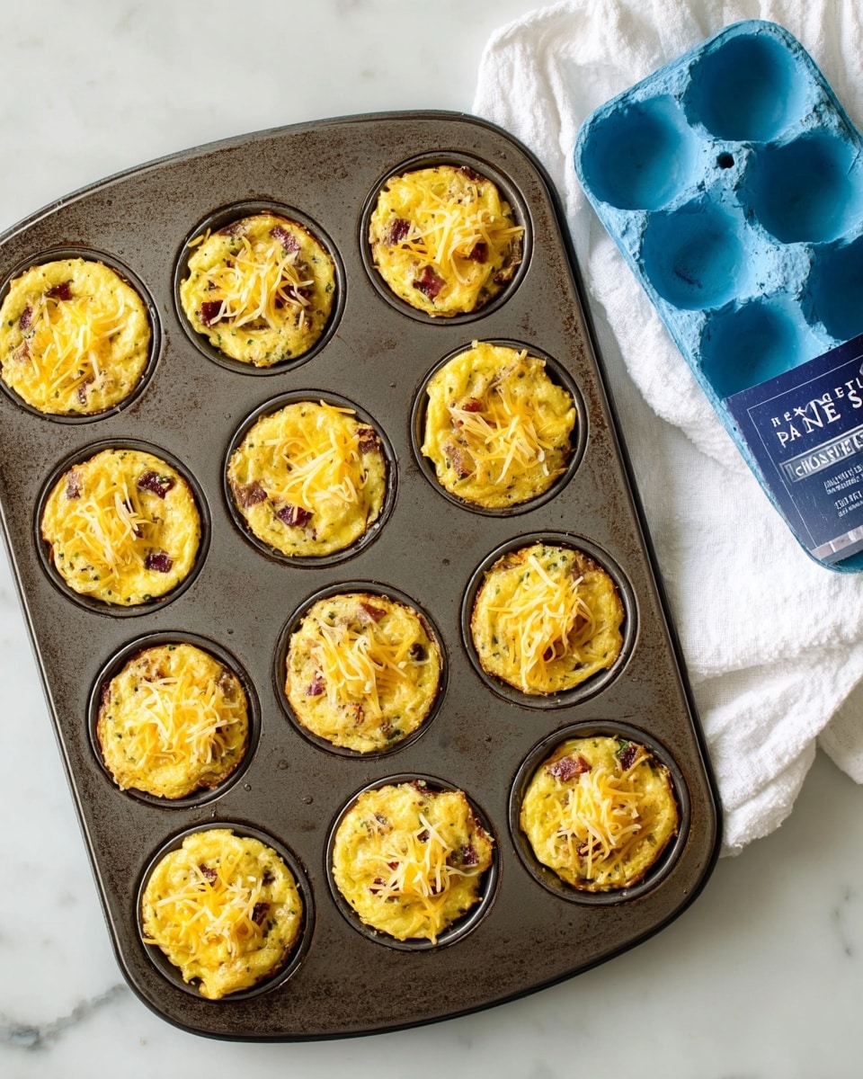 A gray metal muffin tray holds twelve baked egg muffins, each about two layers high with a light yellow cooked egg base mixed with visible specks of herbs and small pieces of melted cheese on top; some muffins have darker spots of what looks like cooked vegetables or bacon inside. The muffins have slightly browned edges and a soft texture, with a few bits of melted cheese dripping onto the tray. On the right side, a box of blue carton pasture-raised eggs and a white cloth rest on a white marbled surface. photo taken with an iphone --ar 4:5 --v 7
