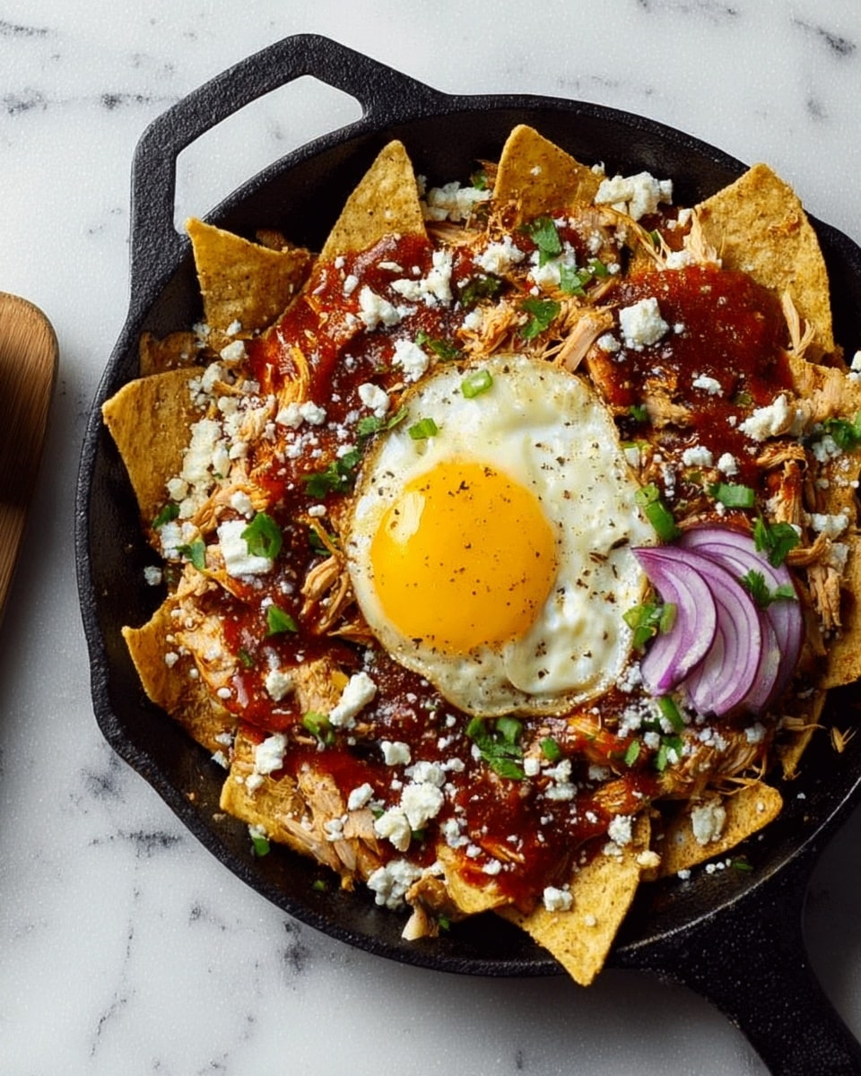 A black cast iron pan holds a layered dish starting with a base of yellow corn tortilla chips arranged in a circle with their edges pointing outward. On top of the chips is a rich red salsa layer, scattered with white crumbled cheese throughout. Shredded pieces of light brown chicken are spread over the salsa in the center. A sunny-side-up egg with a bright yellow yolk and white edges sits slightly off-center, partially covering the chips and salsa. Three thin slices of purple onion rings are placed near the egg. Small green cilantro leaves sprinkle the dish for color. The pan rests on a white marbled surface. Photo taken with an iphone --ar 4:5 --v 7