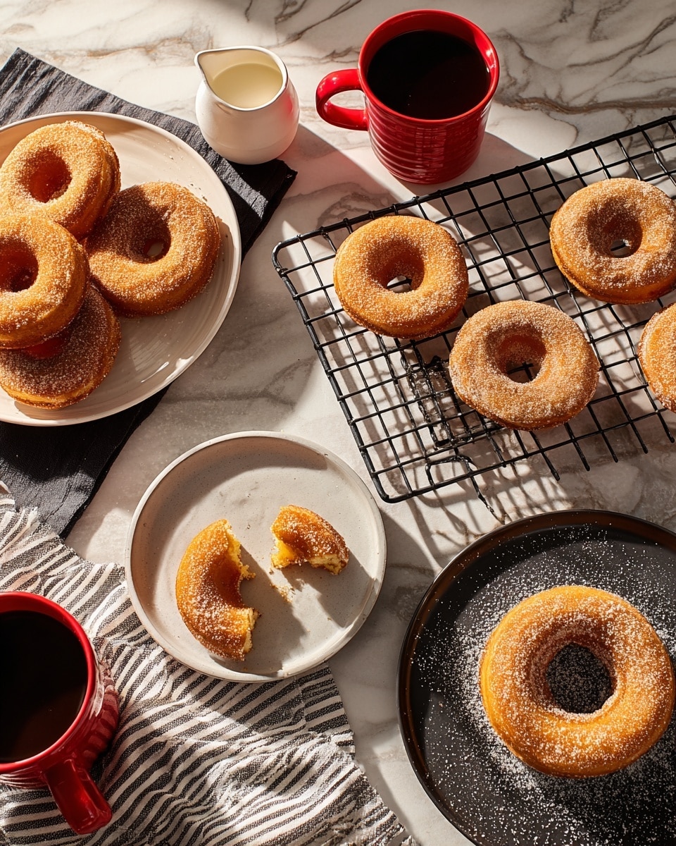 The image shows a white plate with two cinnamon sugar-coated donuts, one whole and one broken into two pieces, placed on a striped cloth with brown, blue, and white colors on a white marbled surface. Above the plate, a white rectangular tray holds five donuts coated with cinnamon sugar. To the right, a black round cooling rack holds four donuts, all golden brown. Next to it, a small black plate contains cinnamon sugar arranged in a spiral with a donut shape missing in the center. To the left side, two red mugs filled with coffee and a small white creamer jigger filled with cream are placed on the white marbled surface. The overall scene is bright with warm light casting soft shadows. photo taken with an iphone --ar 4:5 --v 7