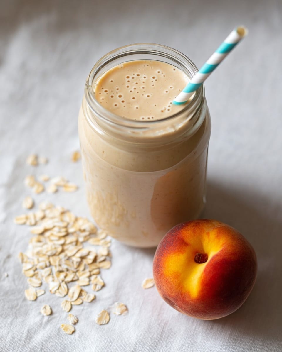 A clear glass jar filled with a creamy, light beige smoothie with small flecks scattered throughout, topped with a white and light blue striped straw placed near the right edge; the jar sits on a soft white marbled surface with scattered oat flakes around. To the left of the jar is a whole peach with soft orange, yellow, and red hues, slightly blurred in the background, creating a gentle contrast. The texture of the smoothie appears smooth and thick. photo taken with an iphone --ar 4:5 --v 7