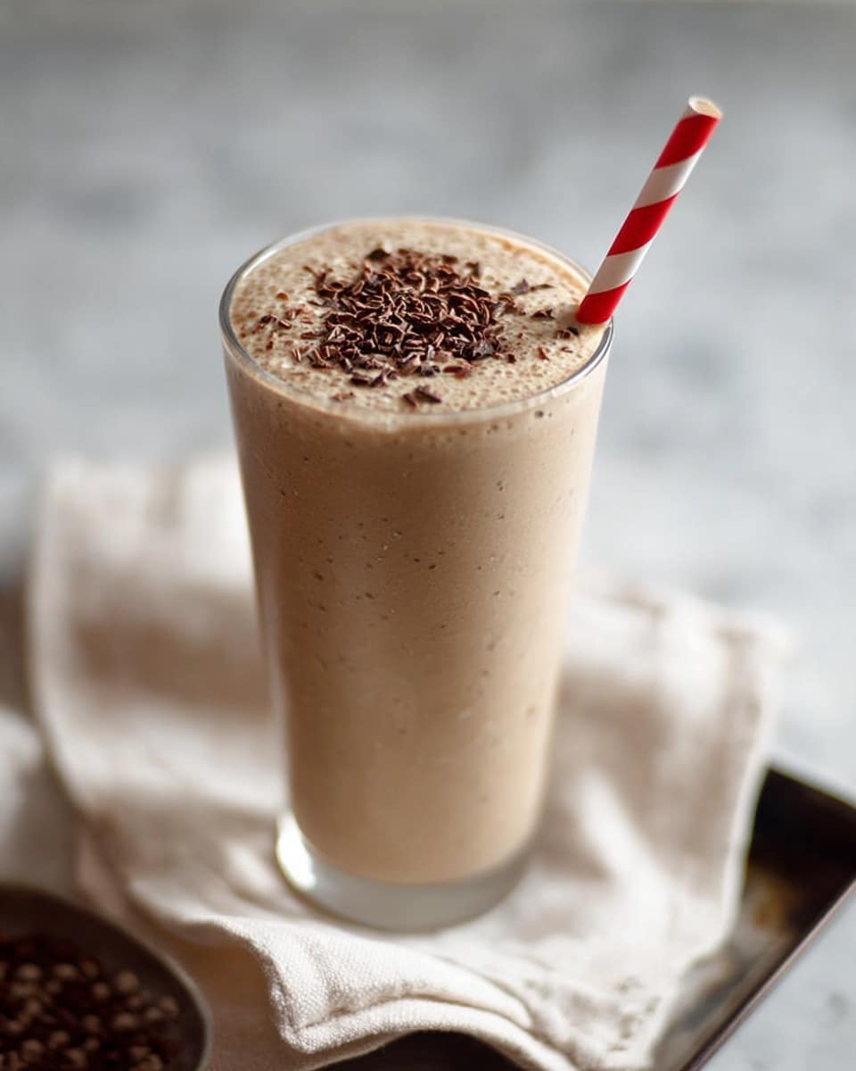 A tall clear glass filled with a smooth light brown chocolate smoothie, topped with dark brown chocolate shavings scattered evenly on the surface. A red and white striped straw is placed inside the glass, leaning slightly to the right. The glass is set on a soft white cloth on a white marbled textured surface, with a blurred scoop of light beige oats visible in the lower right corner. The background is blurred, putting focus on the drink. photo taken with an iphone --ar 4:5 --v 7