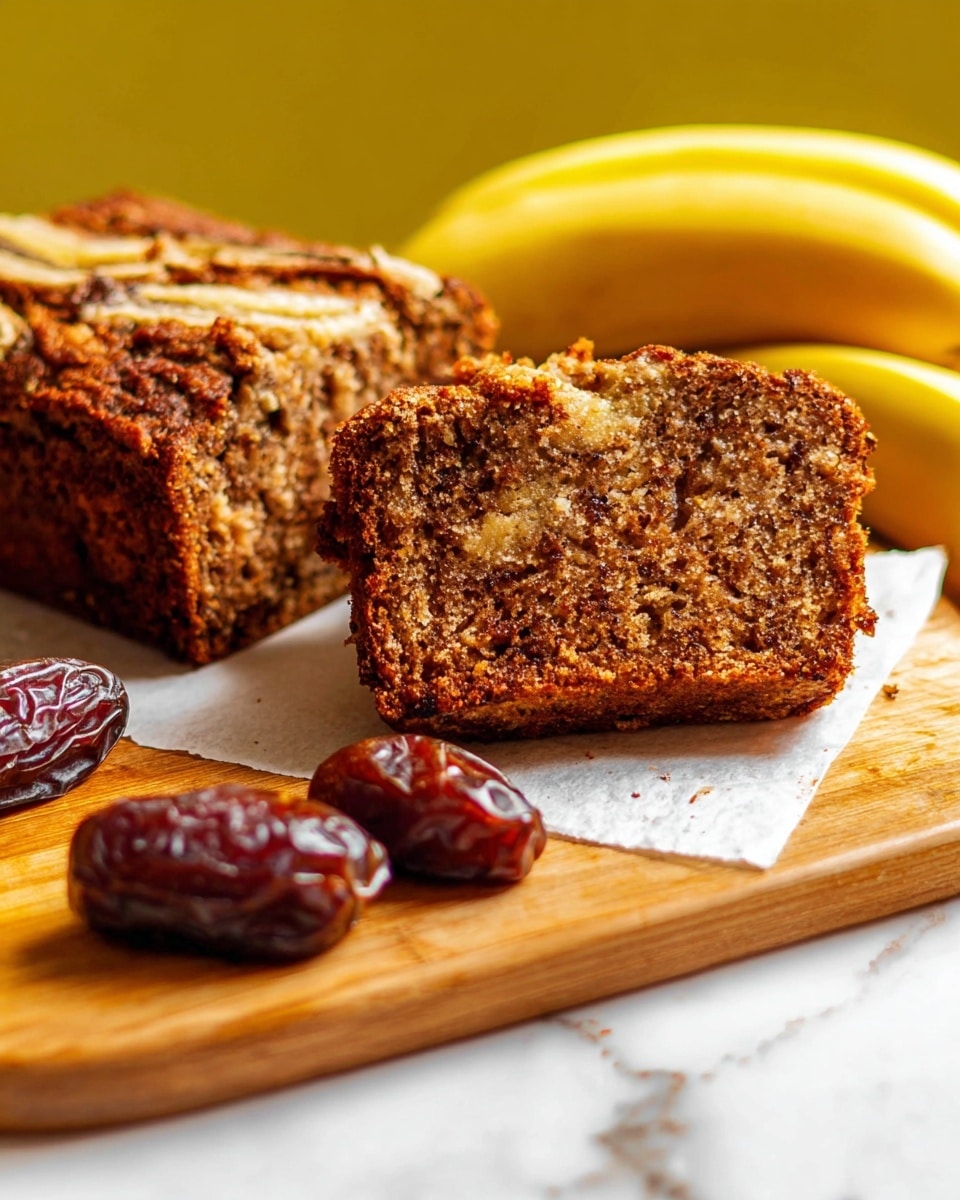 Two thick slices of brown, moist banana bread with a slightly crumbly texture are placed on a white parchment paper over a wooden cutting board. Behind the slices, a larger part of the bread loaf is visible with the same brown, rough top crust. In front of the bread, on the cutting board, are a whole dark brown date and a halved shiny date showing its sticky inside. The background is a bright yellow, and some yellow bananas are blurred in the upper part of the photo. The image is set on a white marbled surface. photo taken with an iphone --ar 4:5 --v 7
