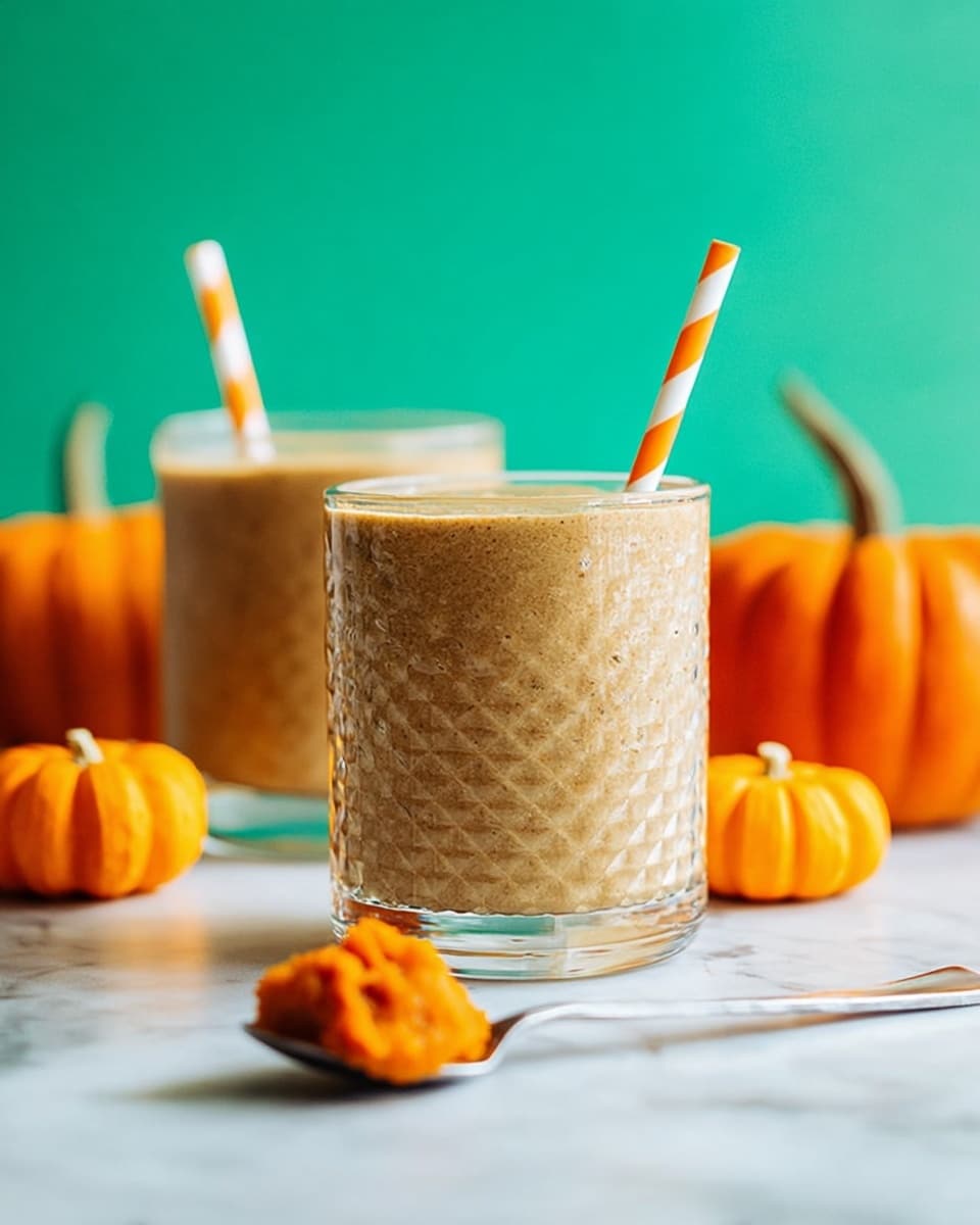 A textured clear glass filled with a thick, light brown smoothie sits center on a white marbled surface, topped with a white and orange striped paper straw. In front of the glass, a silver spoon holds a bright orange pumpkin puree. Blurred in the background are two small orange pumpkins, adding a cozy autumn feel, with a second similar glass placed slightly farther back. The setting is bright with a soft turquoise backdrop. Photo taken with an iphone --ar 4:5 --v 7