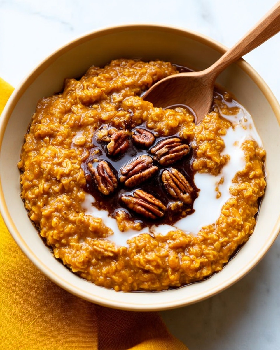 A white bowl filled with thick, orange-brown oatmeal topped with a drizzle of dark syrup and a few pecan nuts scattered on top; the oatmeal appears creamy and chunky, with visible oats. A wooden spoon is dipped into the oatmeal on the left side of the bowl, partially covered with the mixture. The bowl sits on a white marbled surface with a bright yellow background. photo taken with an iphone --ar 4:5 --v 7