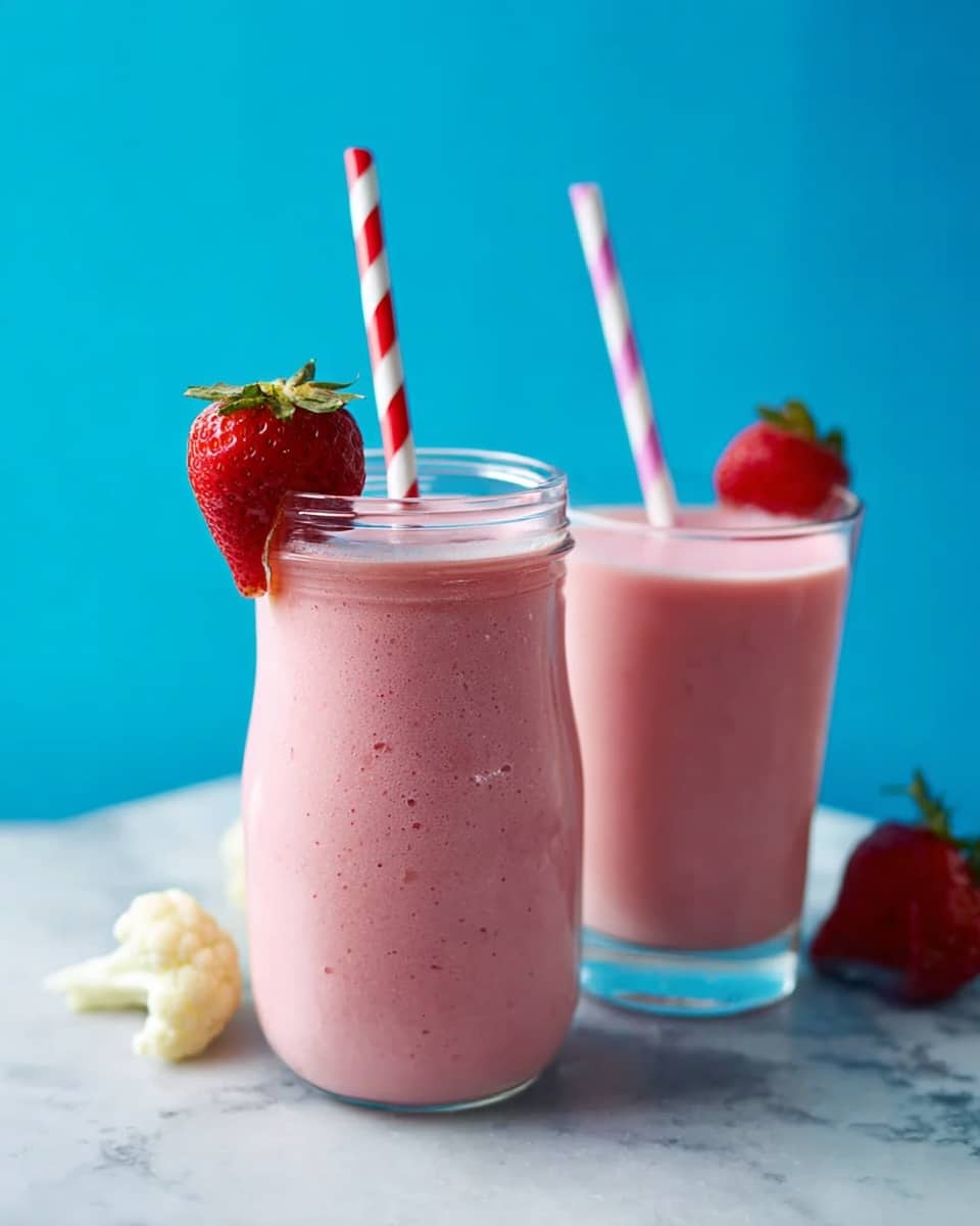 Two glasses of pink strawberry smoothie are placed on a white marbled surface. The glass on the left is a tall jar filled with smooth, creamy light pink smoothie, topped with two red and white striped straws and garnished with a fresh red strawberry on the rim. The glass on the right is a shorter, clear tumbler filled with the same pink smoothie, also with two striped straws and a strawberry on the rim. There are small white cauliflower florets near the glasses, and the background is solid bright blue. photo taken with an iphone --ar 4:5 --v 7