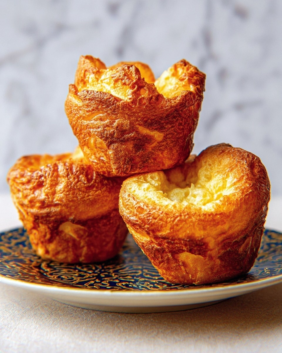 Three golden brown popovers with a rough, crispy texture stand stacked on a white plate with dark blue patterns. The top popover is sitting on the edge of the two bottom ones, showing its hollow inside with a slightly lighter, soft texture. The plate rests on a white marbled surface in soft lighting. photo taken with an iphone --ar 4:5 --v 7