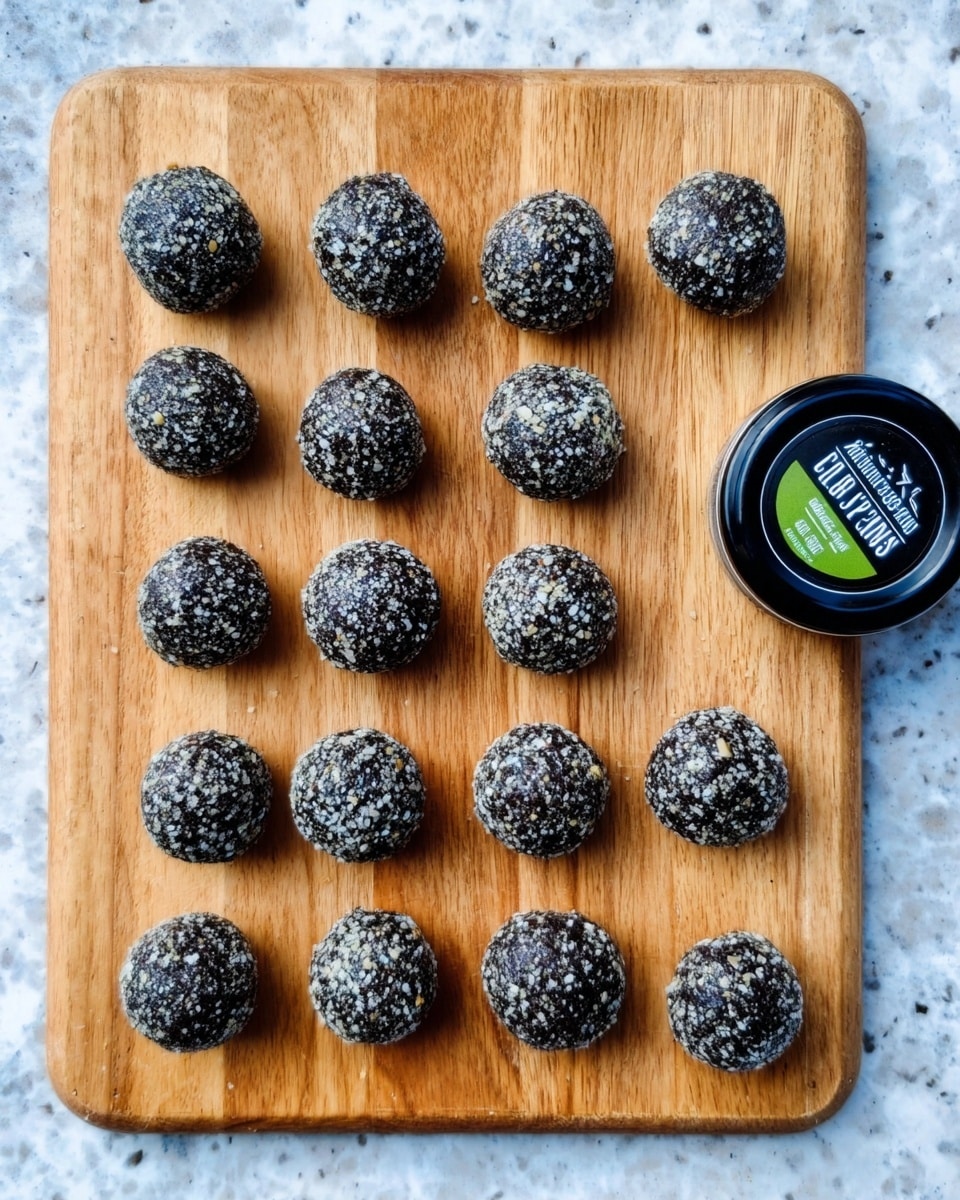 The image shows fifteen round truffle balls arranged in three rows on a light wood cutting board with a visible grain pattern. Each truffle is covered in a crumbly coating of dark crushed nuts or chocolate mixed with white flakes, giving a rough, textured surface with specks of black and white. In the top right corner, there is a black container lid with a green and blue label featuring some text in a bright color. The background is a white marbled texture. Photo taken with an iphone --ar 4:5 --v 7