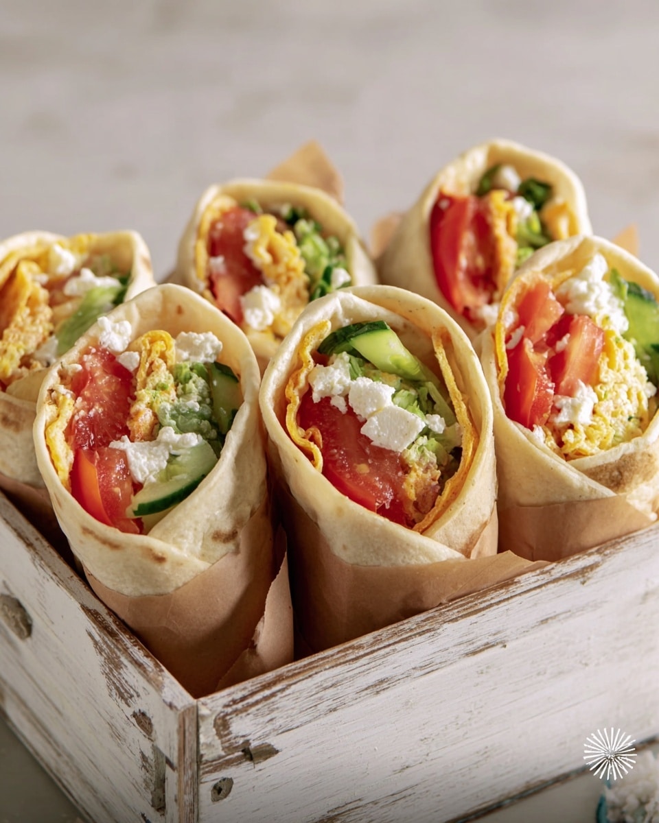 The image shows four soft tortillas standing upright in a white wooden box lined with light brown parchment paper. Each tortilla is with visible layers: the base layer is a folded pale beige tortilla, followed by a layer of bright red tomato chunks, juicy pink slices of smoked salmon, and golden-yellow cooked egg. There are small bits of white crumbly cheese scattered on top, along with pieces of green cucumber and thin slices of light green lettuce. The entire scene is set against a white marbled surface. Photo taken with an iphone --ar 4:5 --v 7