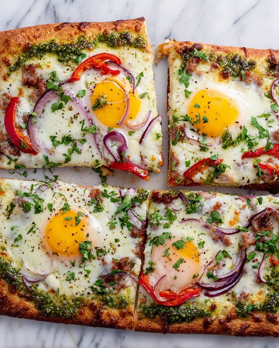 The image shows four rectangular slices of pizza on a white marbled surface, with one slice being slightly pulled away from the others. The pizza has a golden-brown crust that looks crisp and slightly puffed on the edges. Each slice has a base layer of melted mozzarella cheese, topped with sunny-side-up fried eggs with bright yellow yolks at the center of each slice, surrounded by scattered bits of browned sausage. Thin slices of red bell pepper and red onion add pops of red and purple, dispersed under and over the cheese. Green dollops of pesto sauce are spread unevenly on top, and fresh chopped parsley is lightly sprinkled over the entire pizza, adding a vibrant green contrast. The cheese appears gooey and slightly browned in spots, and the crust edges are textured and crunchy. Photo taken with an iphone --ar 4:5 --v 7