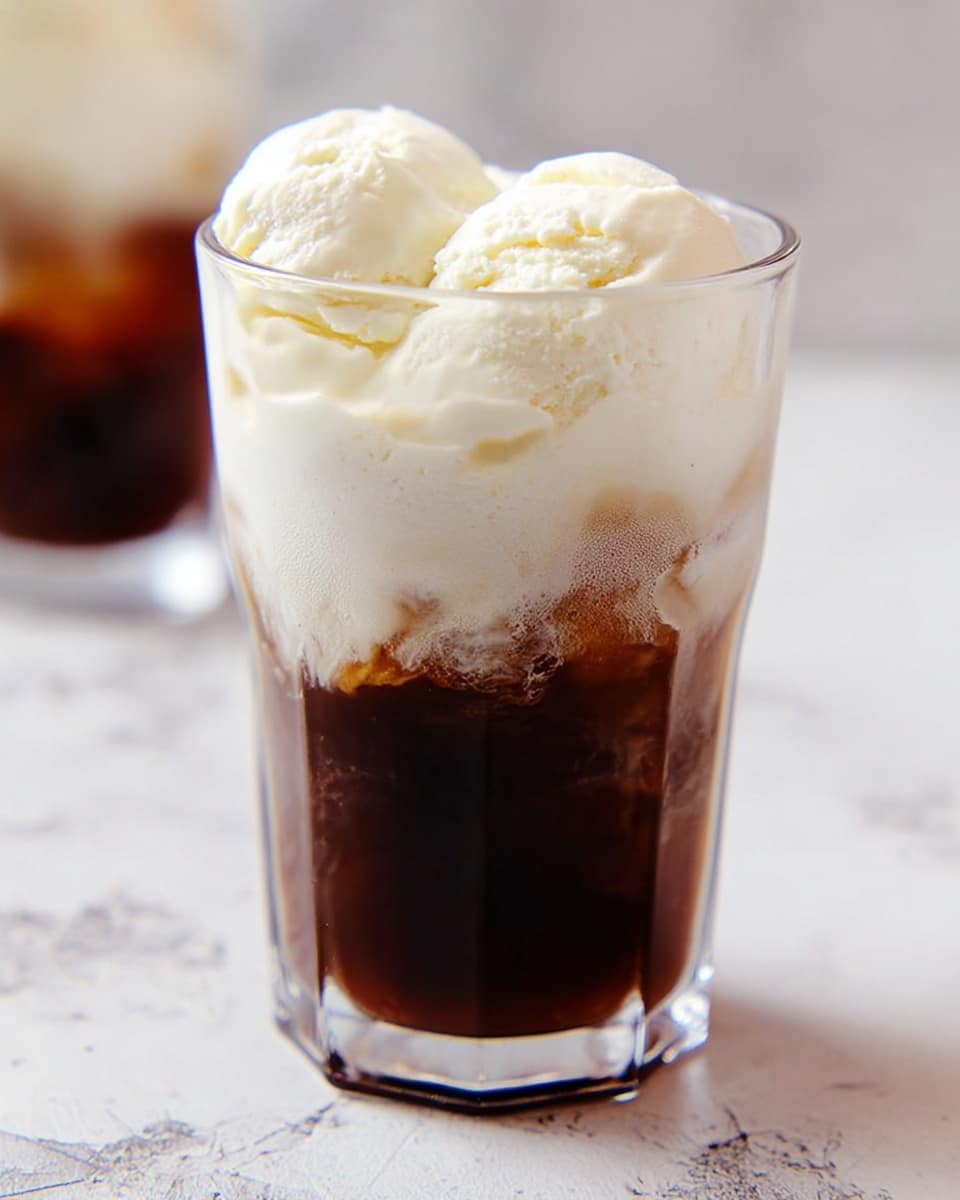 A close-up of a glass with three clear layers: the bottom layer is dark brown liquid with a smooth texture, the middle layer is thick and white cream blending slightly into the dark brown below, and the top layer is scoops of pale yellow ice cream with a soft, creamy texture, slightly melting over the edges of the glass. In the background, there is another similar glass slightly out of focus on a white marbled surface, with a blurred dark area to the side. photo taken with an iphone --ar 4:5 --v 7