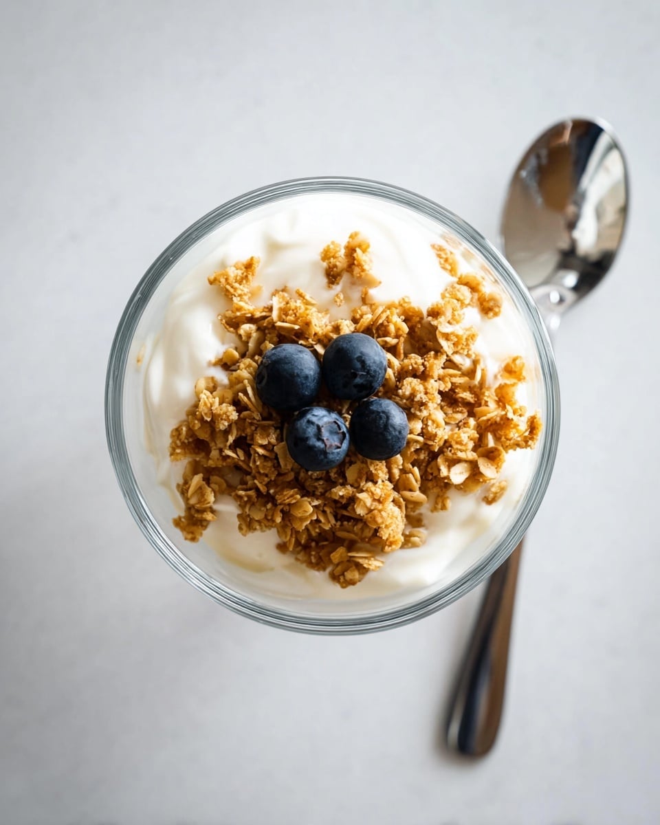 A clear glass bowl shows a three-layered dish starting with thick white yogurt at the bottom, a middle layer of golden brown crunchy granola scattered unevenly, and topped with three dark blue blueberries in the center. The bowl is placed on a white marbled surface with a shiny silver spoon nearby. The photo taken with an iphone --ar 4:5 --v 7
