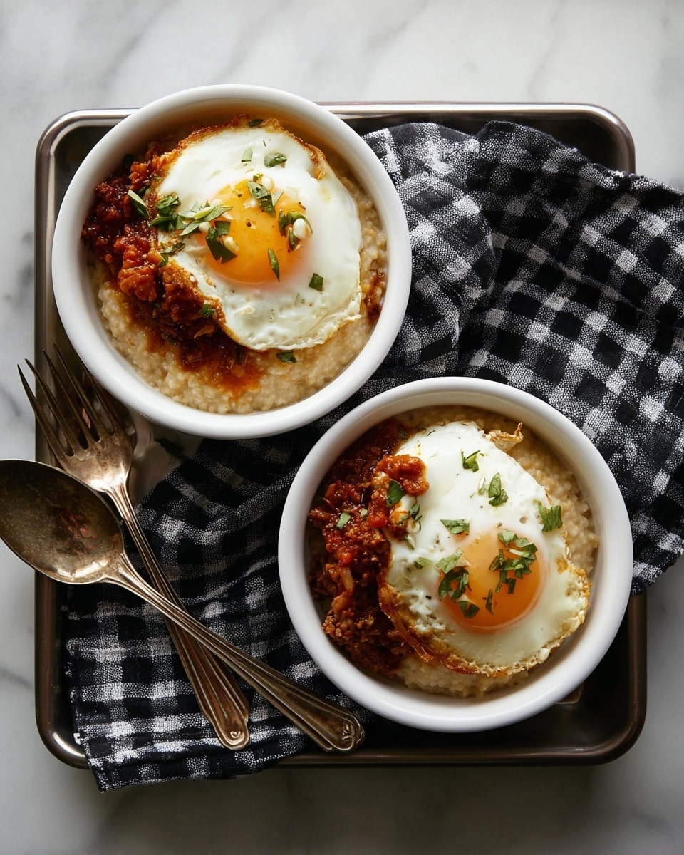 Two white bowls sit on a tray with a black and white checked cloth beneath them, placed on a white marbled surface. Each bowl contains three visible layers: at the bottom, a creamy beige porridge-like base, topped by a portion of chunky reddish-brown sauce mixed with ground meat, and finished with a sunny-side-up fried egg with a soft, pale yellow yolk and white edges. Small green herb pieces are sprinkled on top of the eggs for garnish. Two vintage silver forks rest beside the bowls on the tray. Photo taken with an iphone --ar 4:5 --v 7