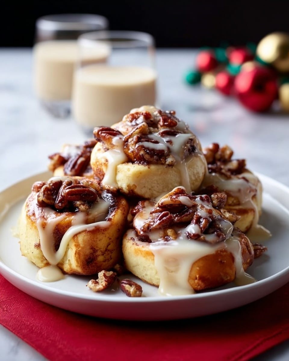 The image shows a white plate with four cinnamon rolls arranged closely together. Each cinnamon roll has a golden-brown baked outer layer with visible swirls of cinnamon inside, topped with a layer of creamy white glaze dripping down the sides. On top of the glaze, there is a generous layer of glossy, toasted pecans, giving a crunchy texture. The plate is placed on a red cloth with a white marbled surface beneath it, and a blurred background with festive ornaments and a glass jar. photo taken with an iphone --ar 4:5 --v 7