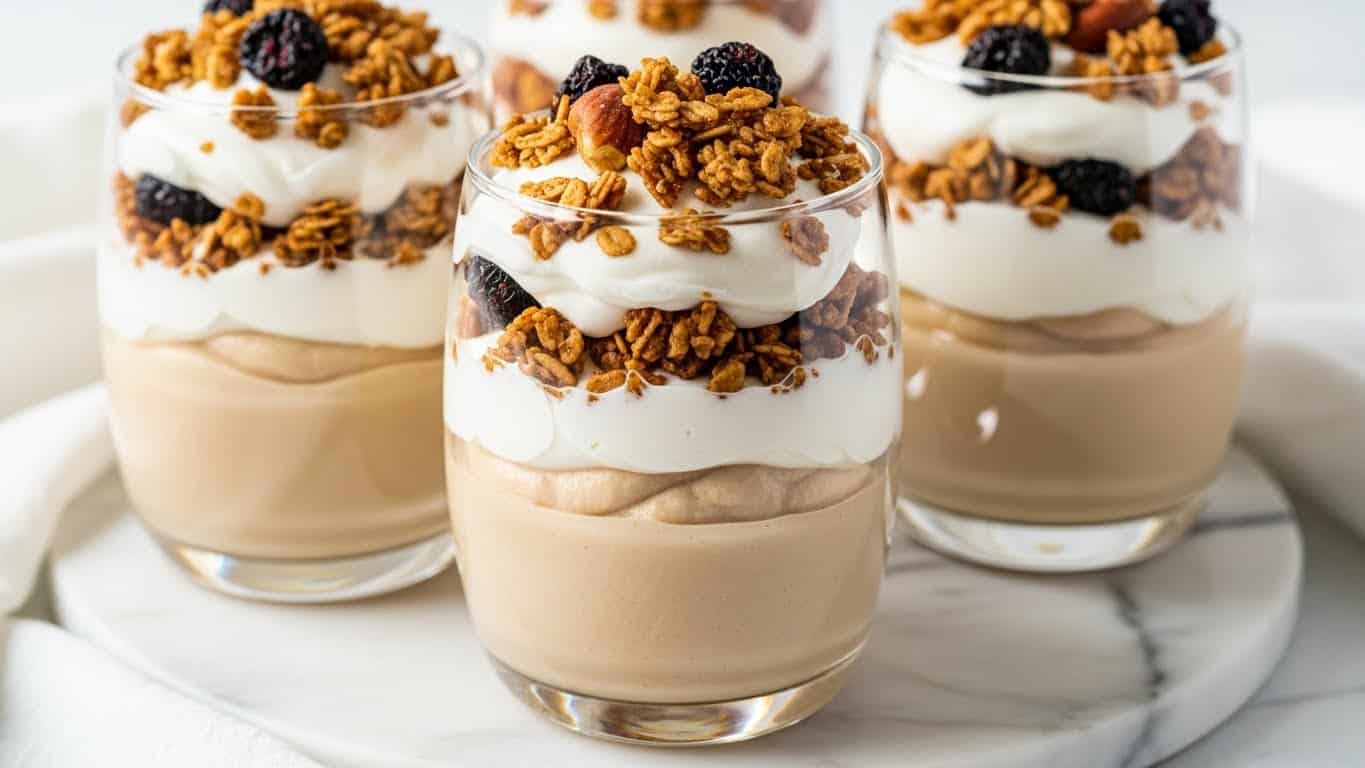 Three clear glass cups hold layered desserts placed on a light beige cloth over a white marbled surface. Each dessert has four visible layers: the bottom layer is a smooth pale yellow cream, followed by a white creamy layer, then another pale yellow cream layer, topped with a thick white cream layer. On top of the white cream, there is a generous sprinkle of dark brown granola mixed with whole pecans and dried cranberries, adding a crunchy texture and rich color contrast. The setup highlights the textures and colors of the dessert in natural light. photo taken with an iphone --ar 4:5 --v 7