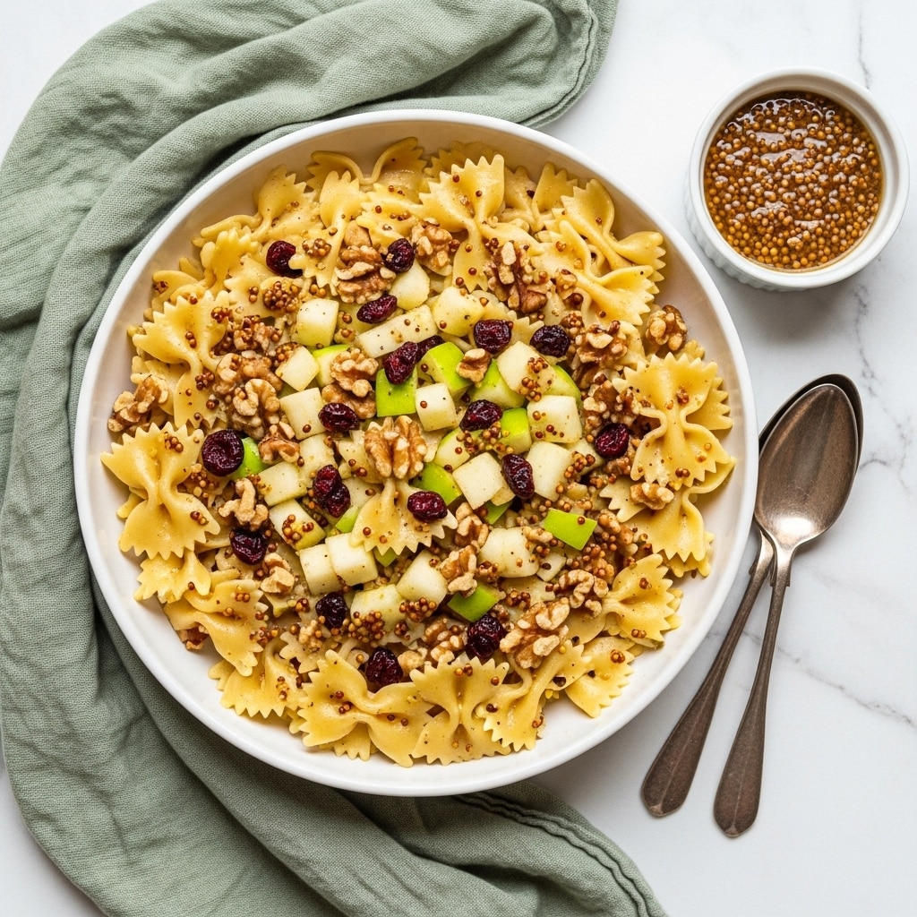 A white bowl filled with a pasta salad featuring bowtie pasta as the base layer, light yellow in color and slightly glossy from dressing. Mixed in are small chunks of green apple and light yellow cheese, scattered evenly throughout. There are also dark red dried cranberries and walnut pieces adding color and texture contrast on top. The salad is lightly coated with a grainy mustard dressing, giving small black and yellow specks across the dish. The bowl sits on a loosely folded soft green cloth on a white marbled textured surface. To the right of the bowl, a small white bowl holds extra mustard dressing, next to two vintage silver spoons. photo taken with an iphone --ar 4:5 --v 7