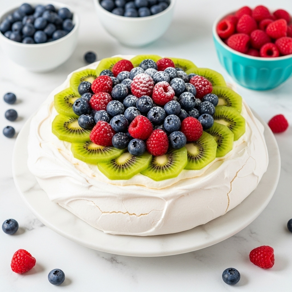 The dessert is a round white pavlova with a fluffy, soft texture and slight ridges along the sides. It sits on a white pedestal cake stand. The top layer is decorated with a ring of thin, bright green kiwi slices that surround a mound of fresh red raspberries and dark blue blueberries. The berries look fresh and juicy, some dusted lightly with powdered sugar. The cake stand is set on a white marbled surface with scattered blueberries and a few raspberries around it. In the background, there is a white bowl filled with blueberries and a light blue bowl filled with raspberries. Photo taken with an iphone --ar 4:5 --v 7