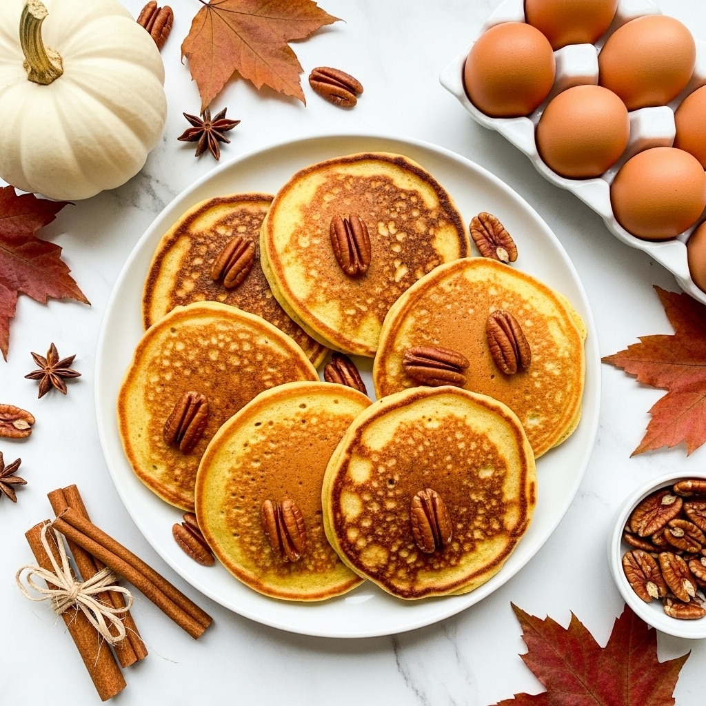 A white plate holds a stack of five thick, round pumpkin pancakes with a mix of light orange and golden brown colors. Each pancake has a soft texture with some darker golden spots, and several have pecan halves placed on top, adding a rich brown color and texture contrast. The plate is set on a white marbled surface surrounded by whole brown eggs in a white carton, a few scattered pecans, cinnamon sticks, and a pale white pumpkin on the side, creating an autumn feel. Above the plate, out-of-focus red and brown leaves frame the shot softly. Photo taken with an iphone --ar 4:5 --v 7