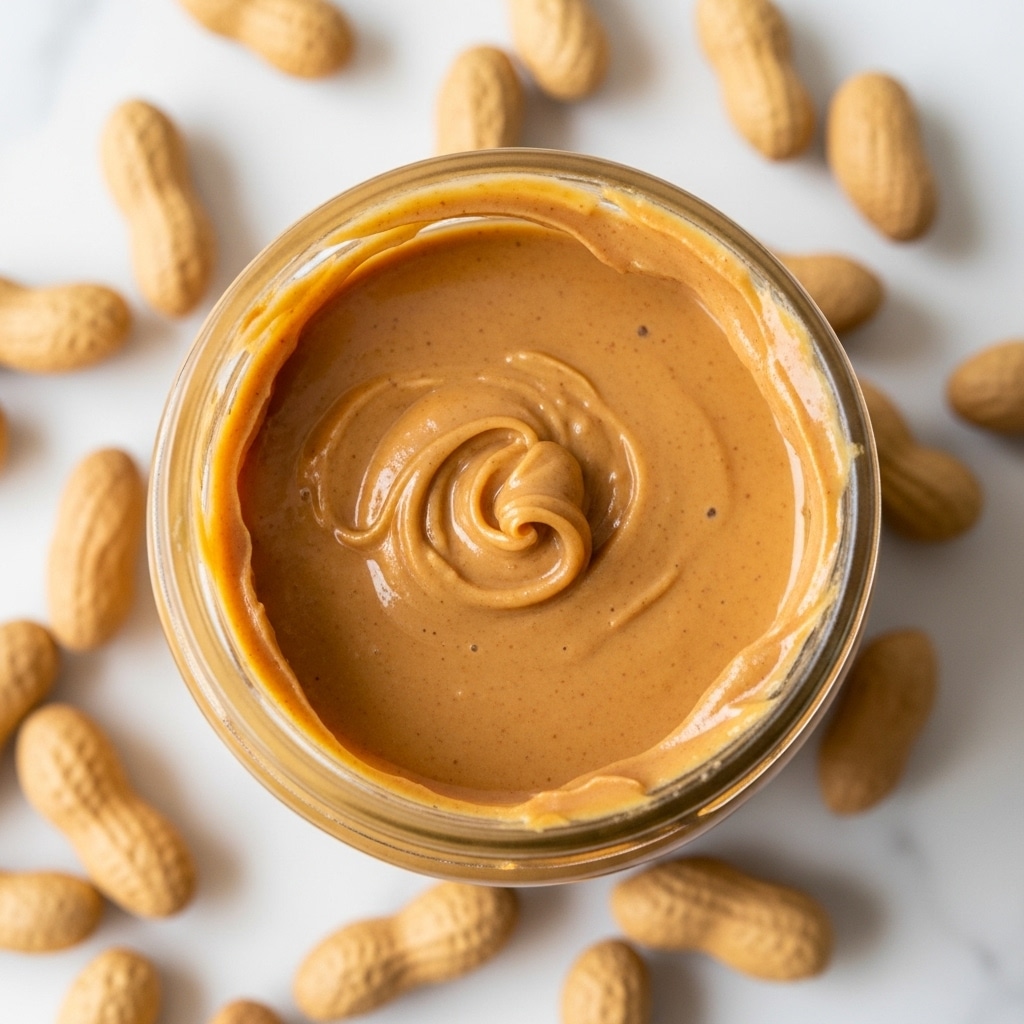 The image shows a clear glass jar filled with smooth, light brown peanut butter almost to the top. The surface of the peanut butter is glossy and slightly uneven with small ridges and a bit of residue on the inner rim of the jar. The jar is placed on a white marbled surface scattered with light beige, shelled peanuts around it, creating a natural and rustic atmosphere. photo taken with an iphone --ar 4:5 --v 7